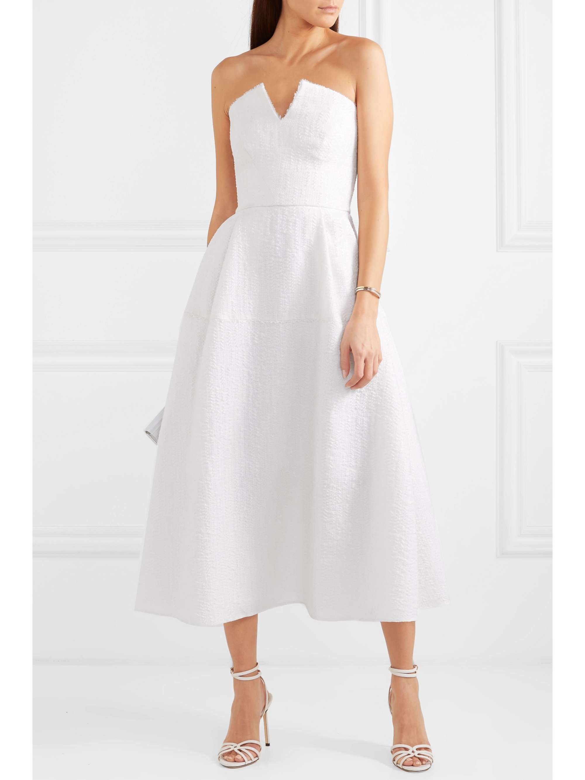 ROLAND MOURET Aldrich strapless frayed cloqué midi dress