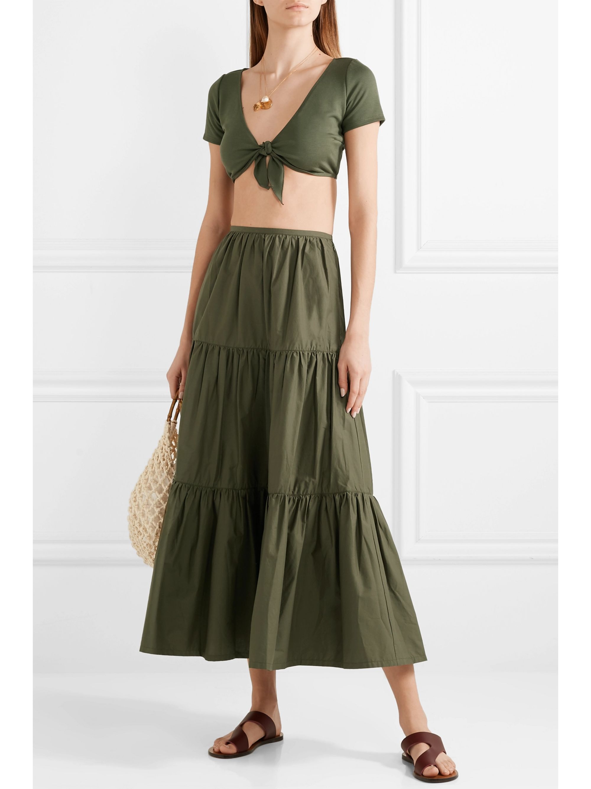 green tiered maxi skirt