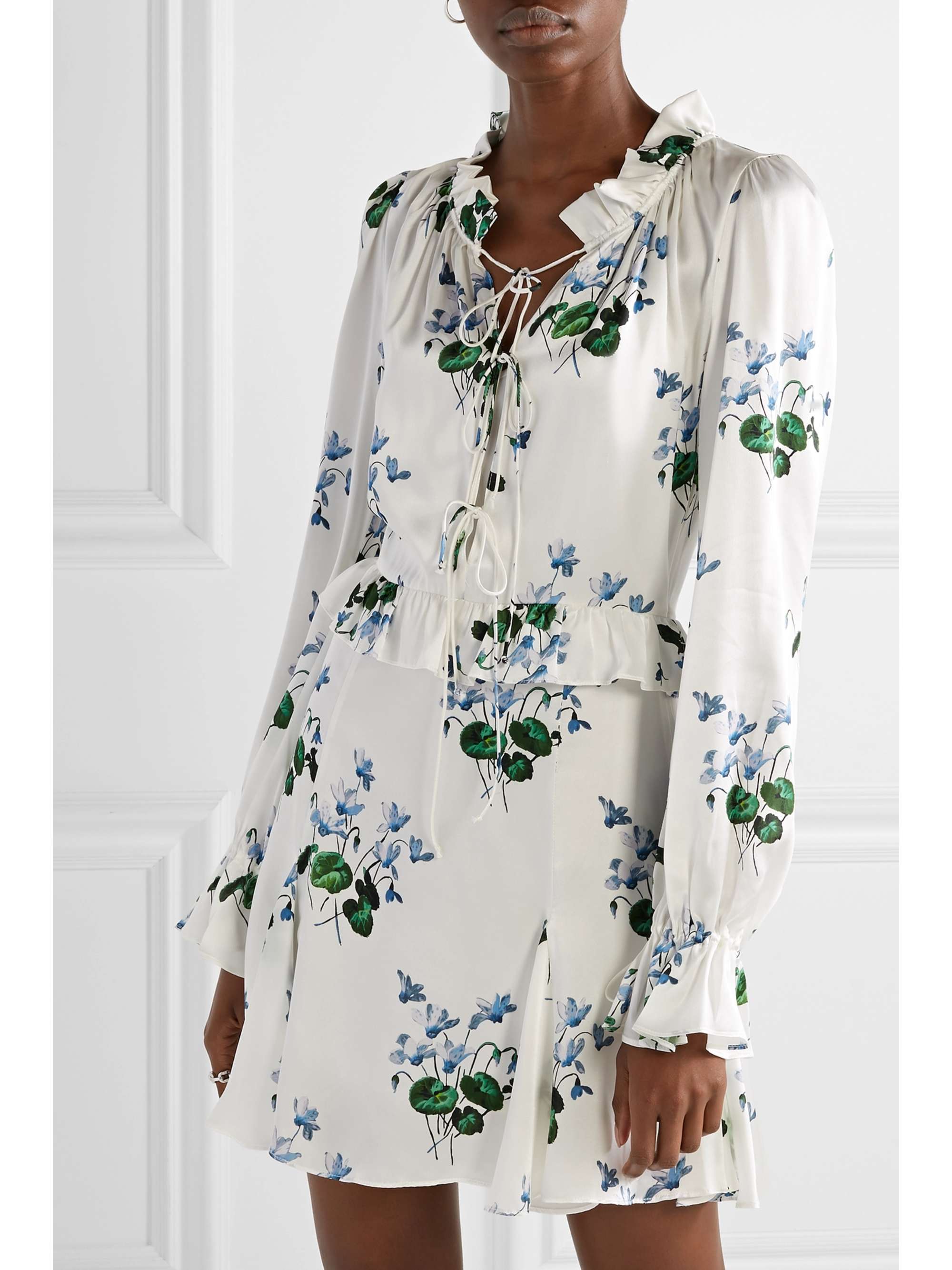 LES RÊVERIES Tie-front ruffled floral-print silk-satin mini dress