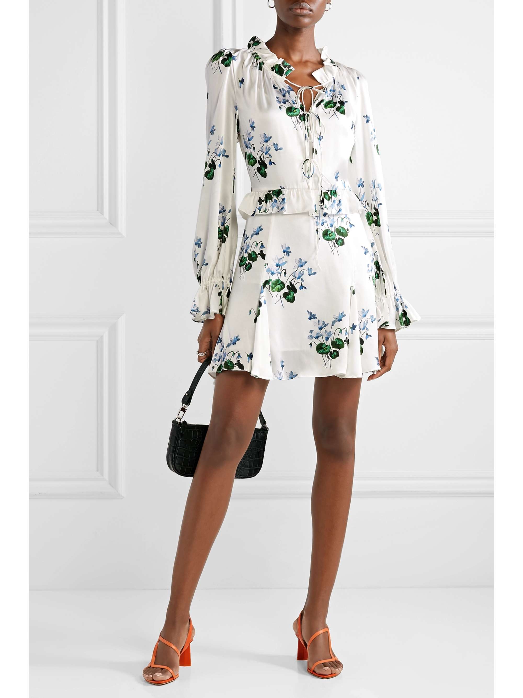 LES RÊVERIES Tie-front ruffled floral-print silk-satin mini dress