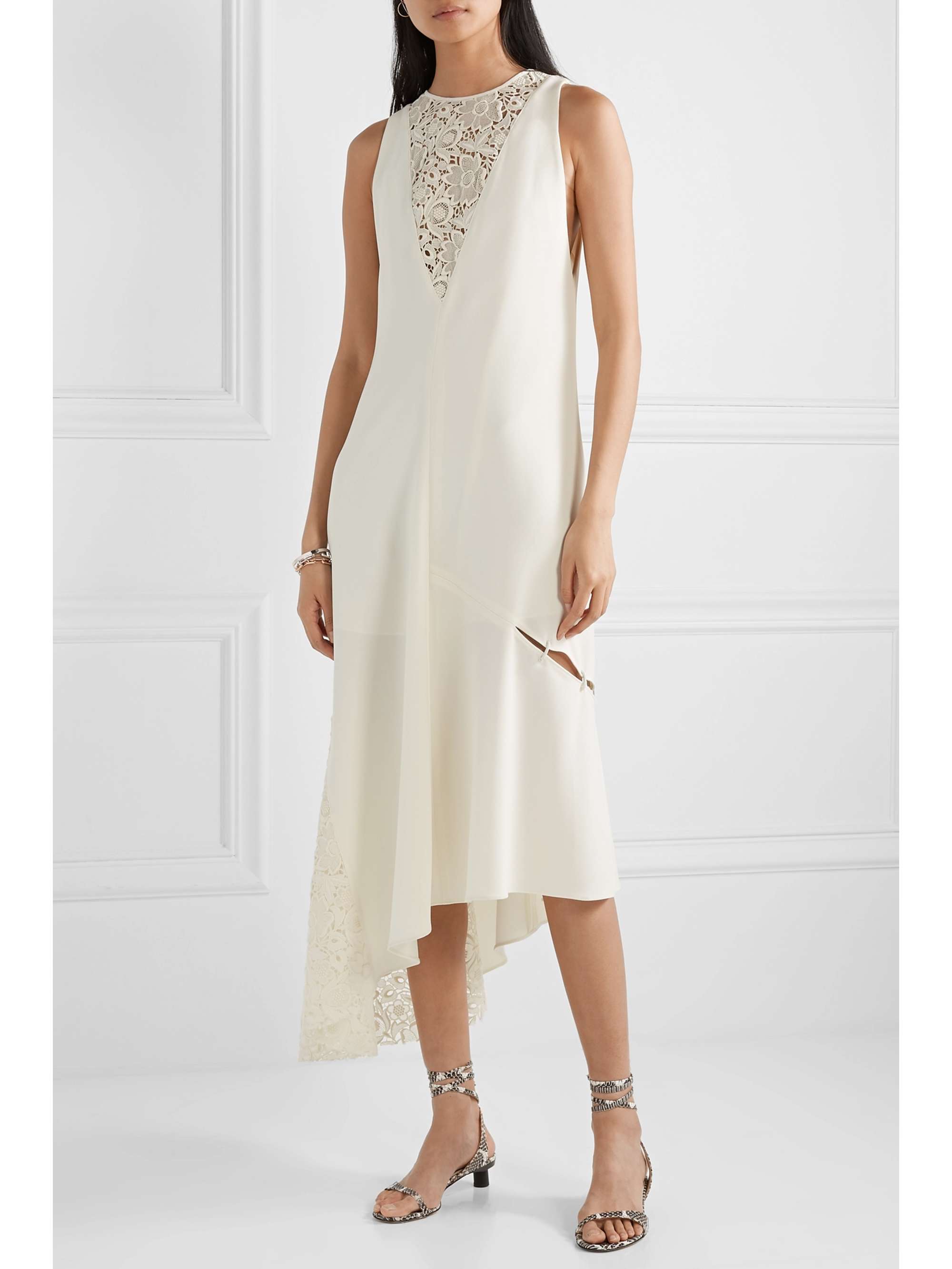 TIBI Open-back asymmetric guipure lace-paneled embellished crepe midi dress