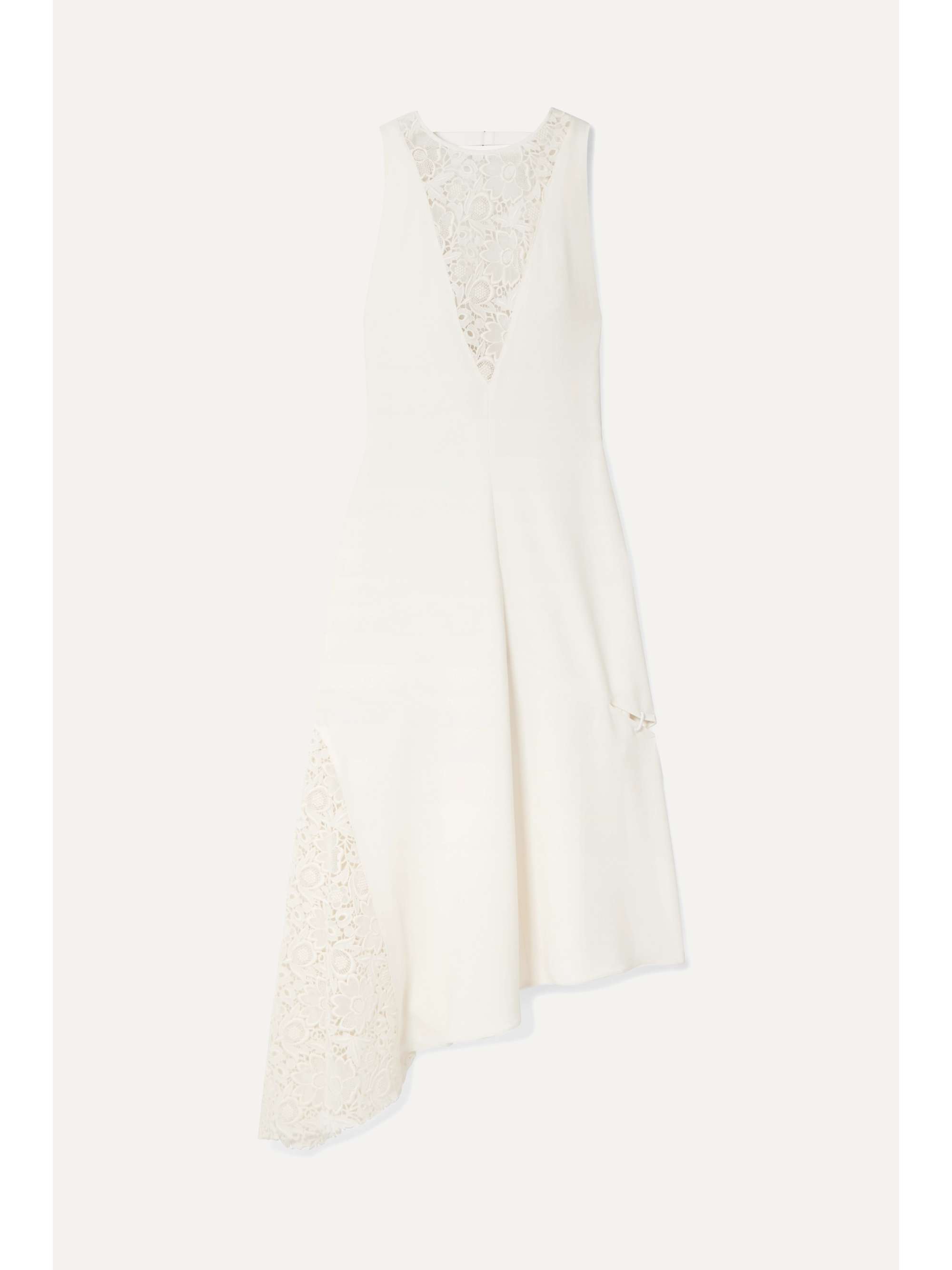 TIBI Open-back asymmetric guipure lace-paneled embellished crepe midi dress