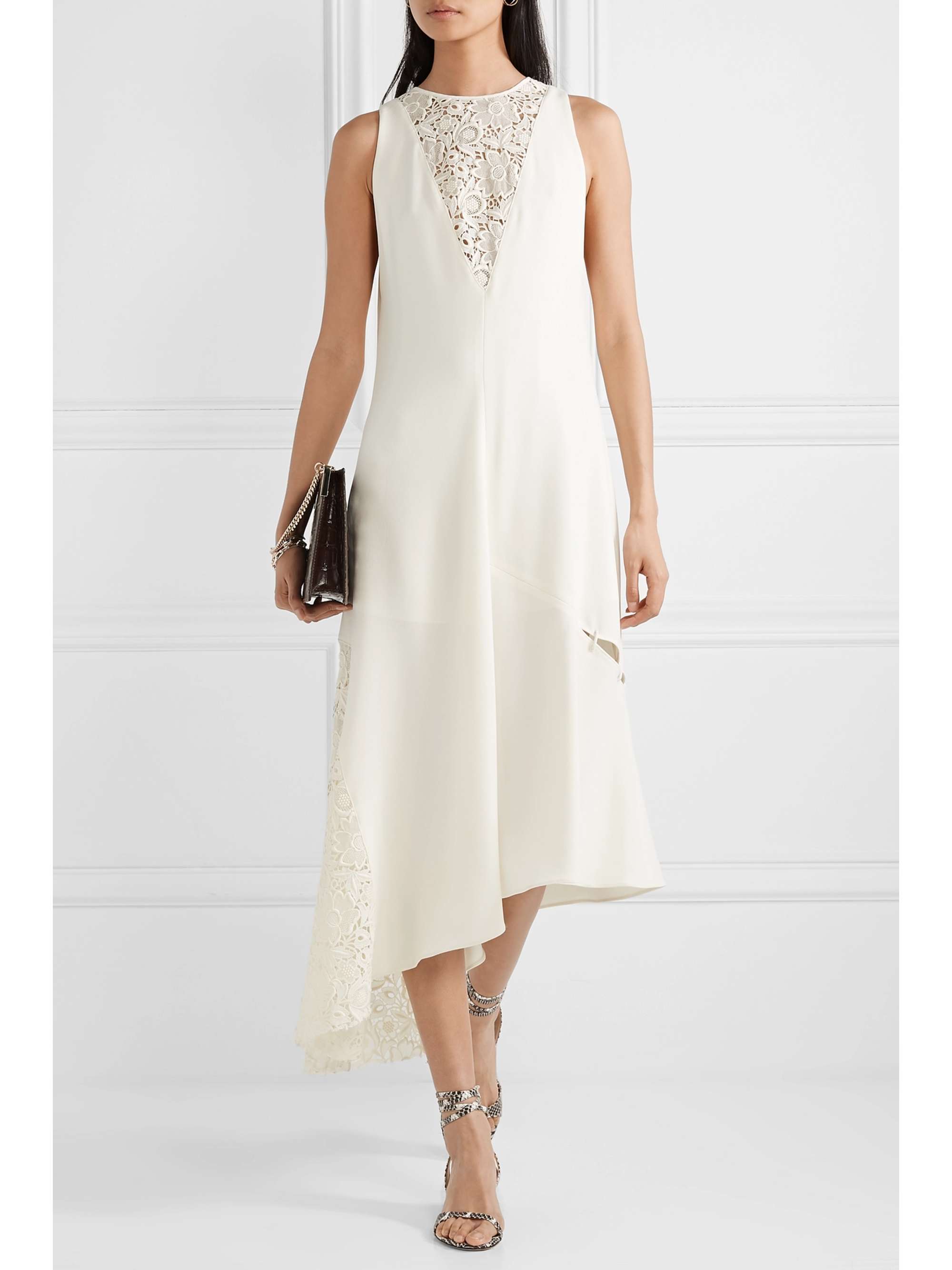 TIBI Open-back asymmetric guipure lace-paneled embellished crepe midi dress