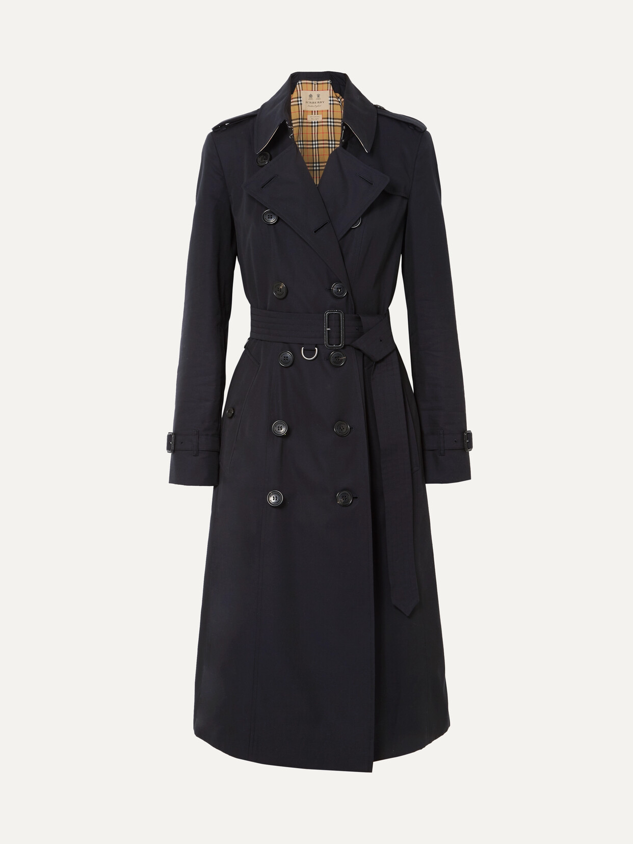 Burberry Chelsea Belted Double-breasted Cotton Trench Coat In Dark Blue ...