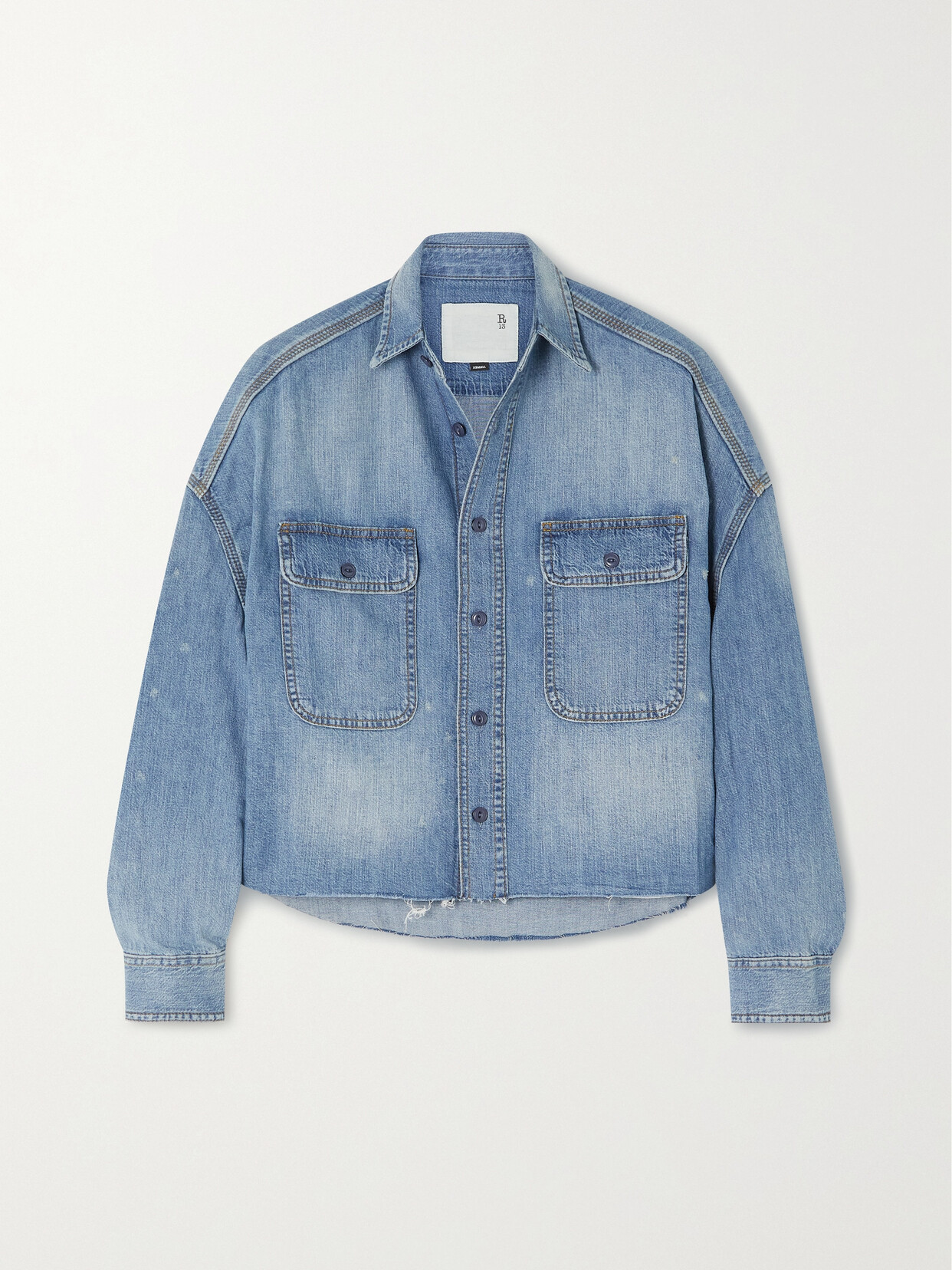 R13 - Oversized Cropped Distressed Denim Shirt - Blue