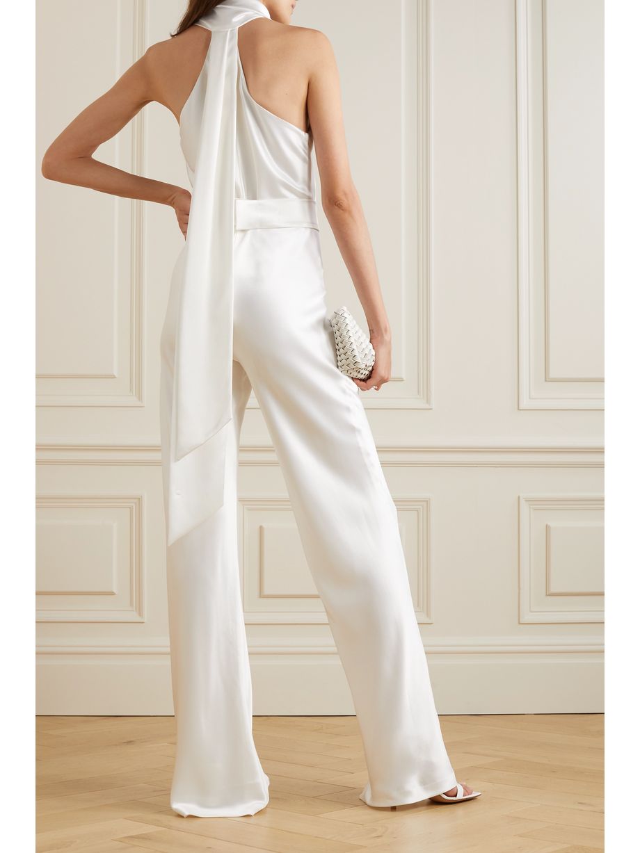 Weiß Asymmetrischer Jumpsuit aus Satin mit Neckholder NETAPORTER