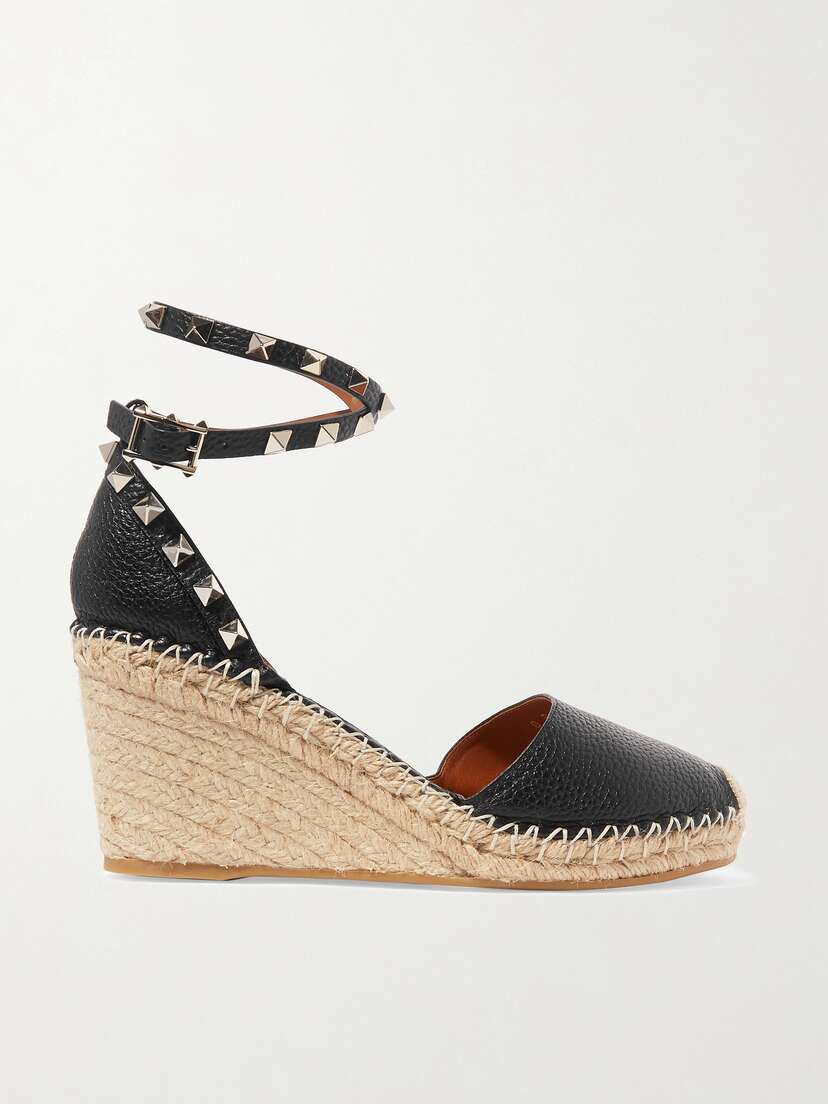 Valentino Garavani Rockstud Double 85 Textured-leather Wedge Espadrilles
