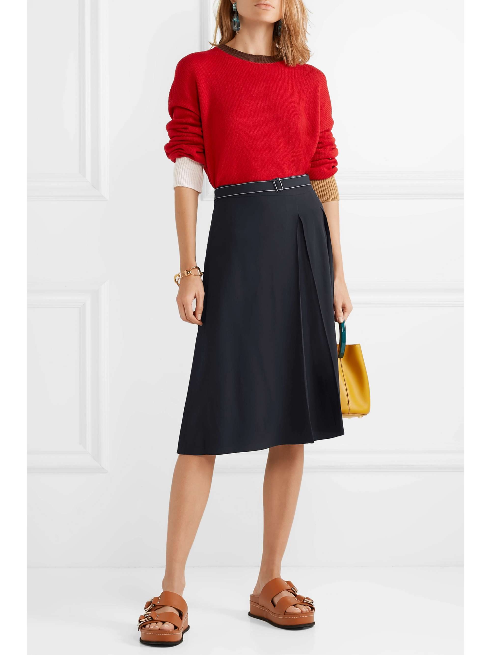 MARNI Belted pleated crepe skirt