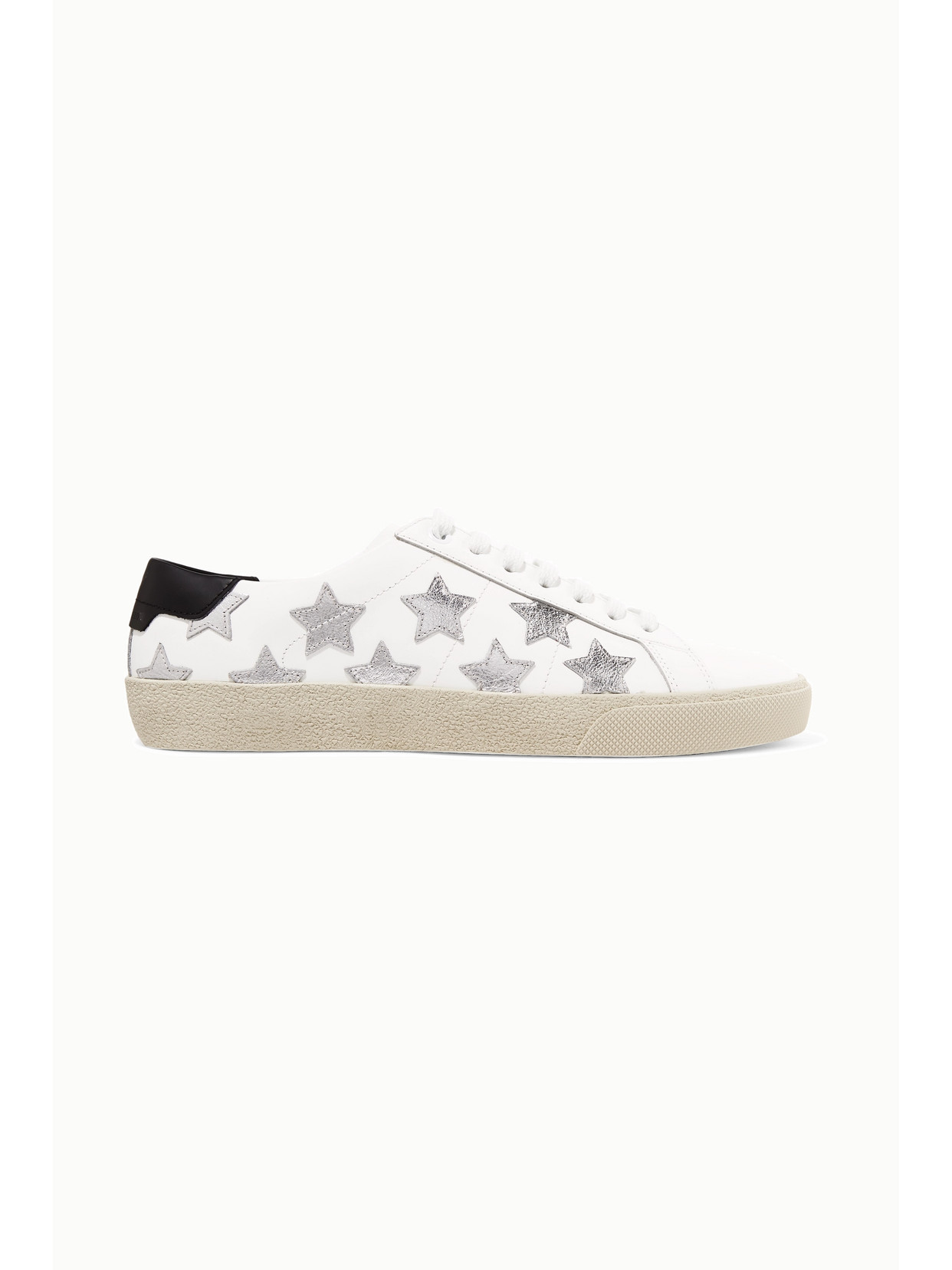 SAINT LAURENT COURT CLASSIC APPLIQUÉD METALLIC-TRIMMED LEATHER trainers