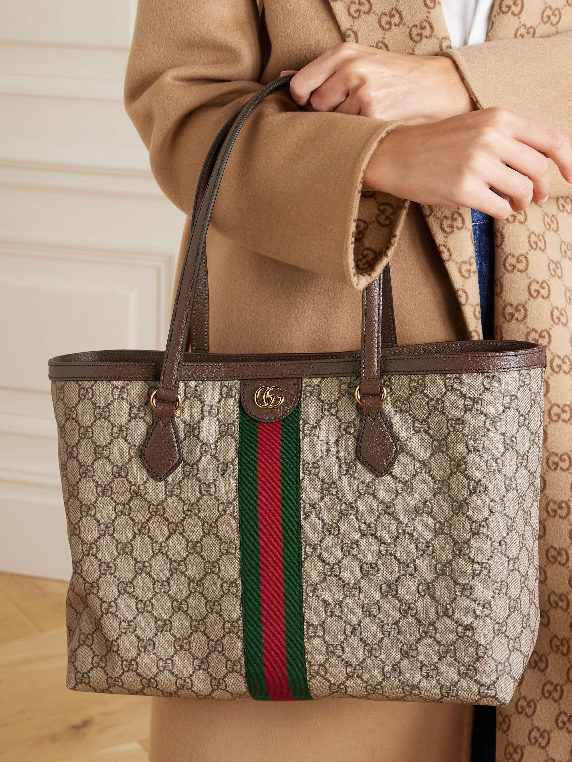 Gucci Ophidia Webbing-Trimmed Textured-leather and Printed Coated-canvas Shoulder Bag