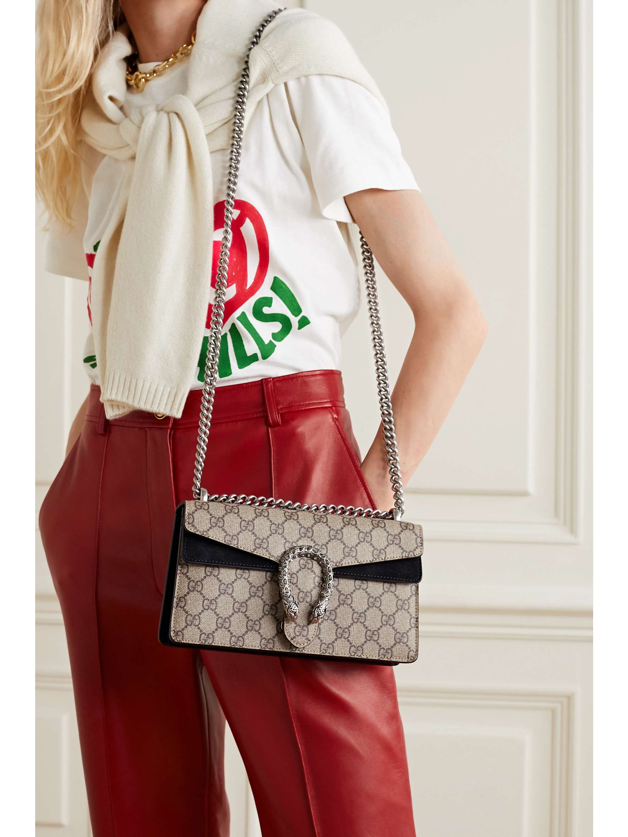 GUCCI Dionysus small embellished printed coated-canvas and suede shoulder  bag