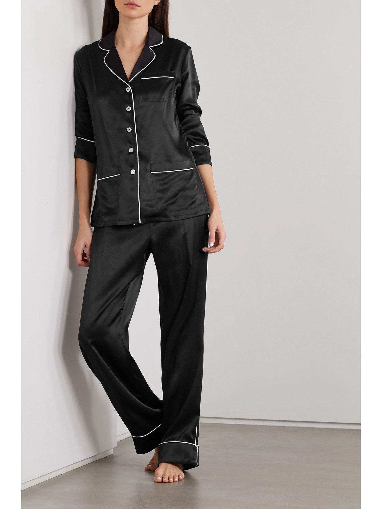 Olivia Von Halle Coco Silk-satin Pajama Set In Black