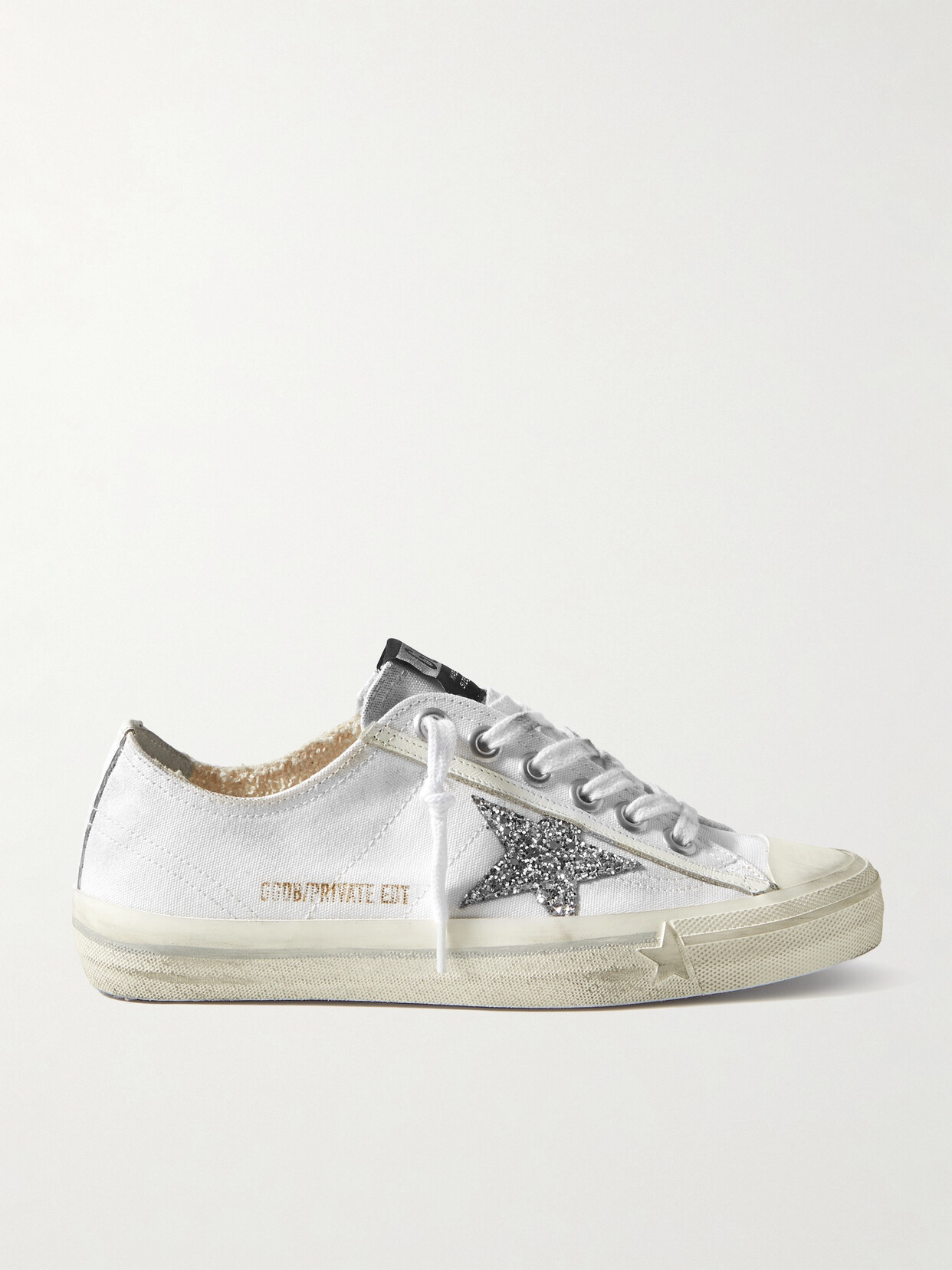 Golden Goose V-star Glittered Distressed Canvas Trainers In White