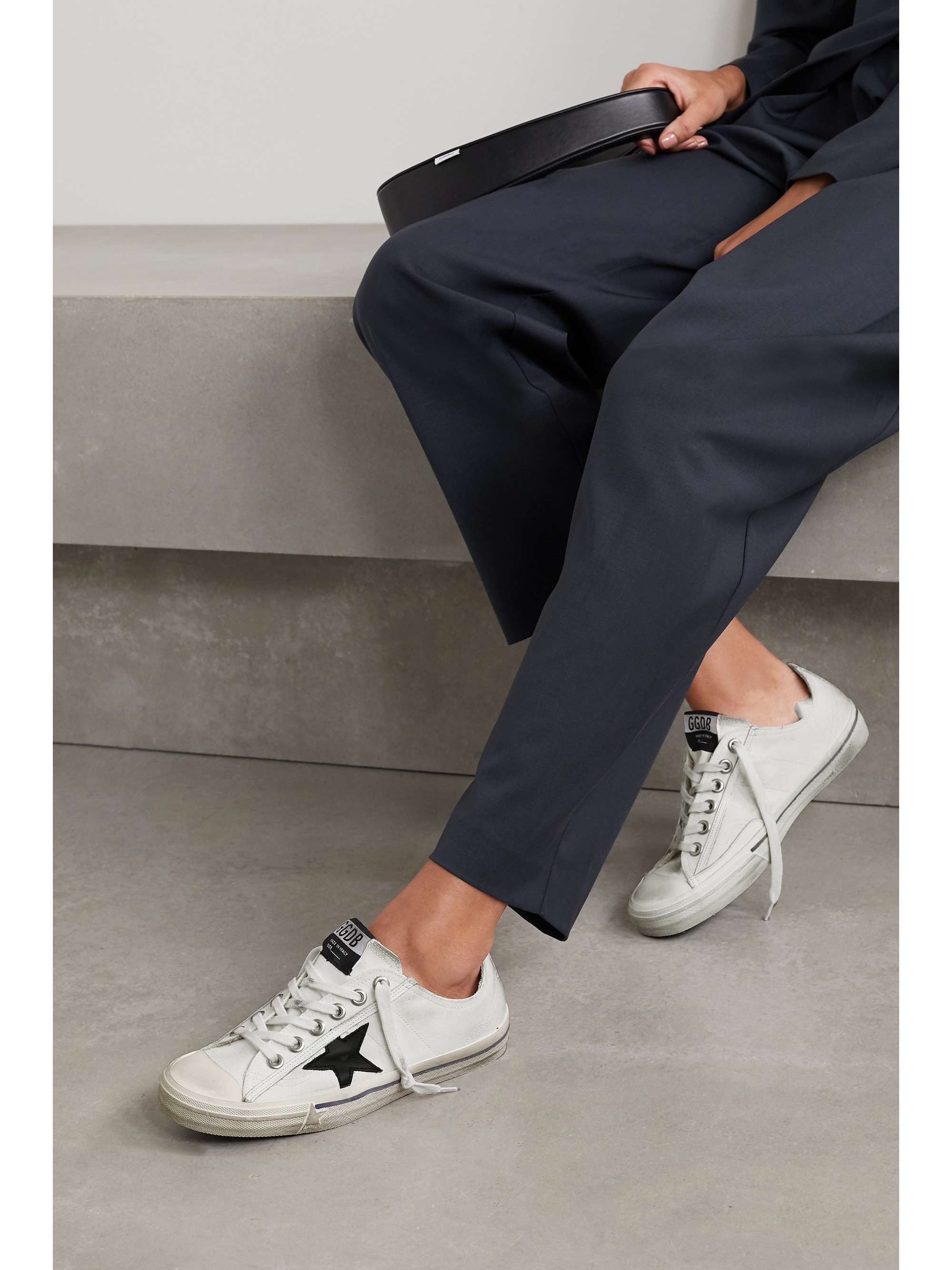 GOLDEN GOOSE V-Star leather-trimmed distressed canvas sneakers |  NET-A-PORTER