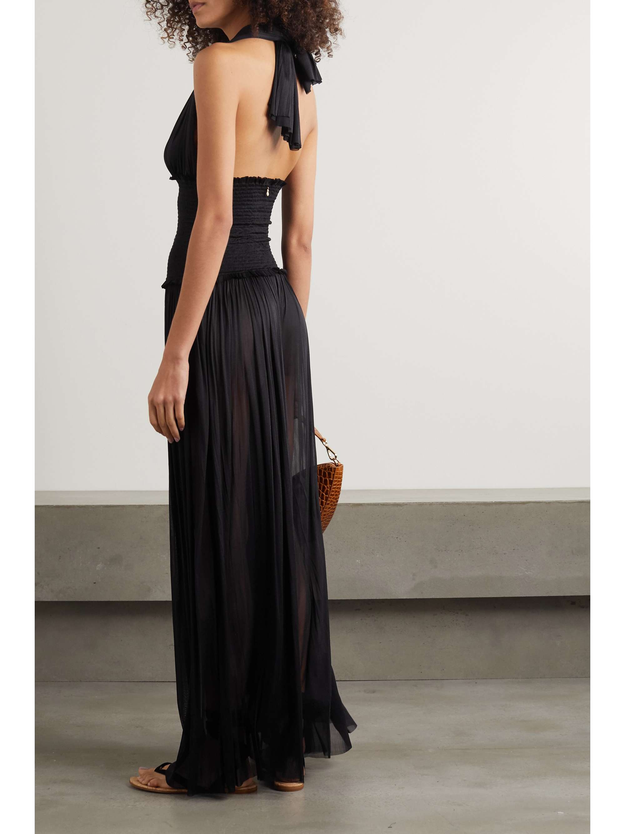 ELENA MAKRI Combi-pantalon dos nu en tulle de soie à smocks et à drapé Tyche