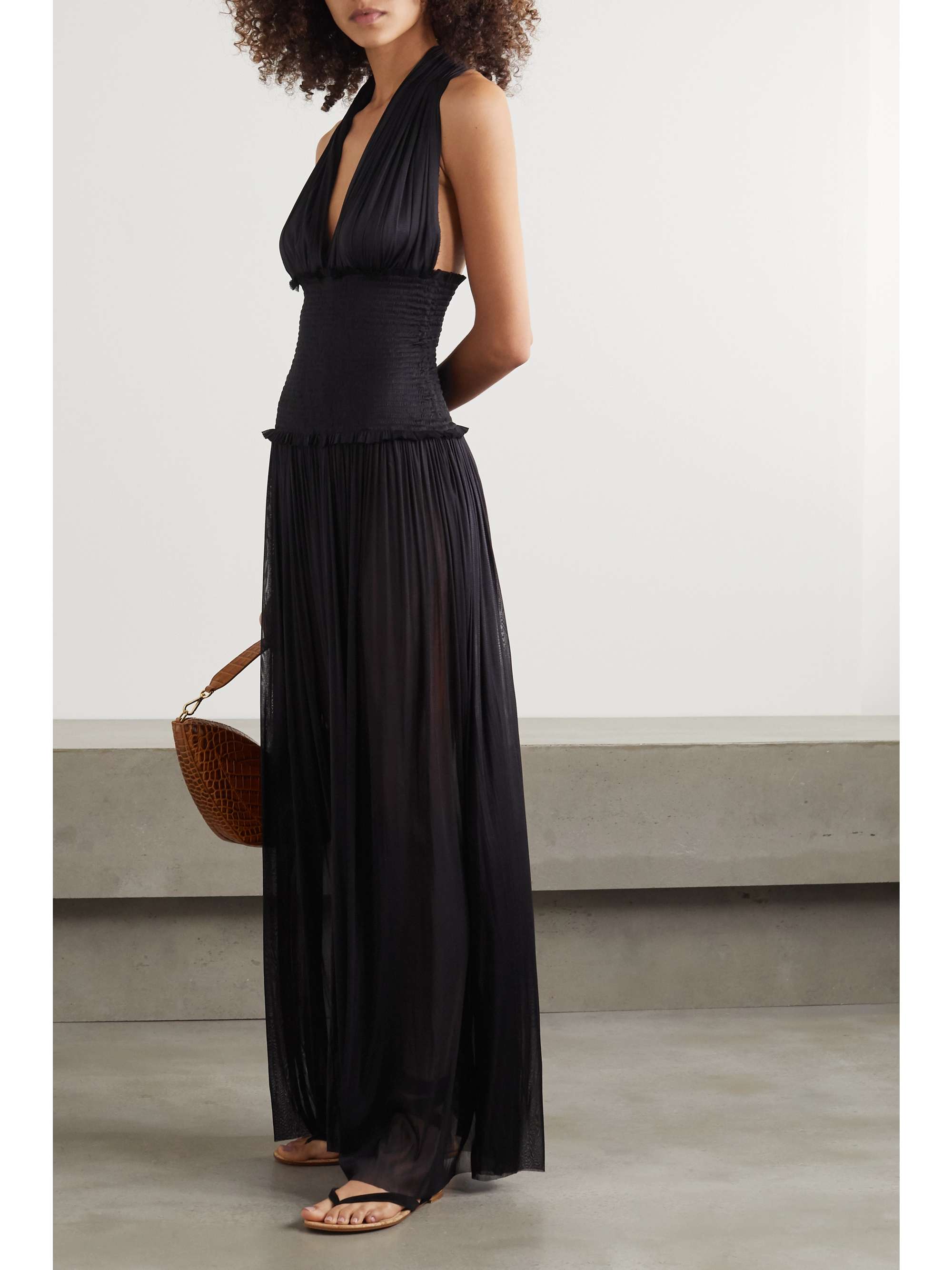 ELENA MAKRI Combi-pantalon dos nu en tulle de soie à smocks et à drapé Tyche