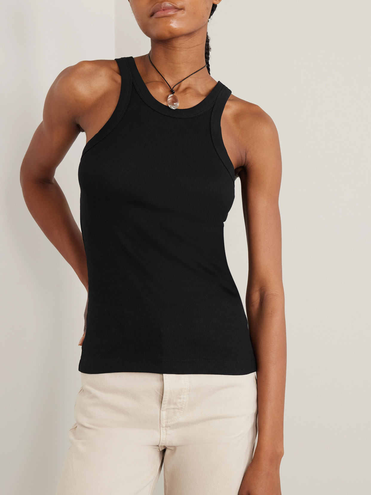 Shop Totême + Net Sustain Curved Ribbed Stretch Organic Cotton-jersey Tank In Black