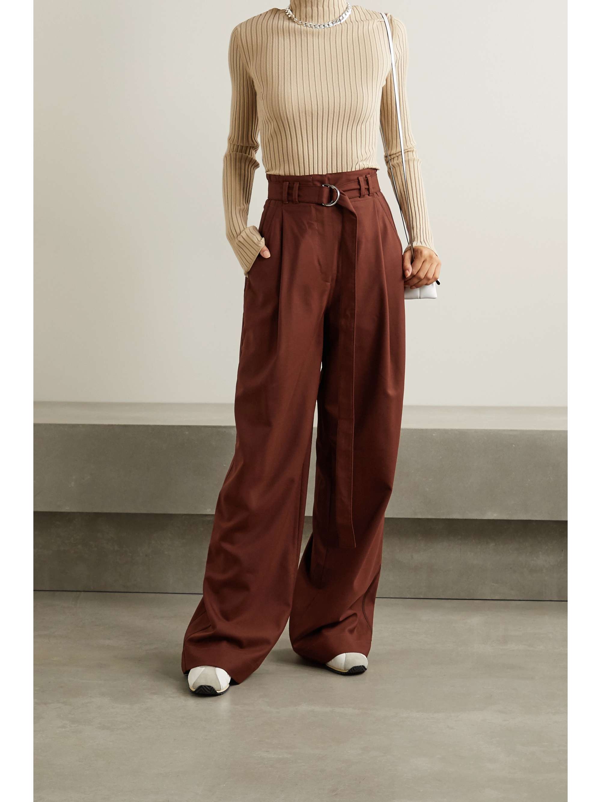 Claret Belted pleated twill wide-leg 