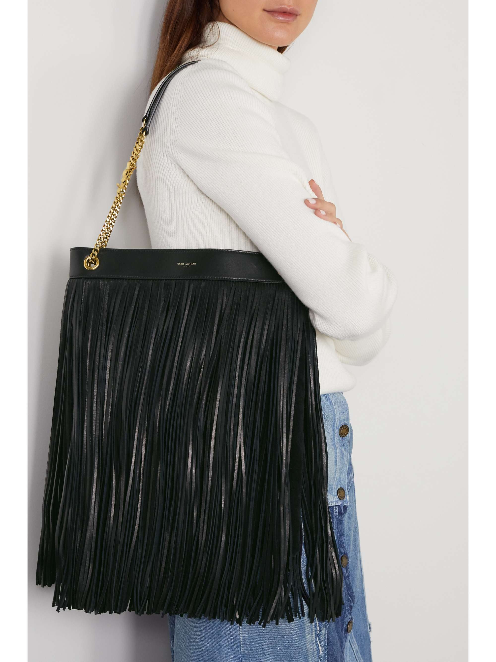 SAINT LAURENT Grace large fringed leather and suede shoulder bag