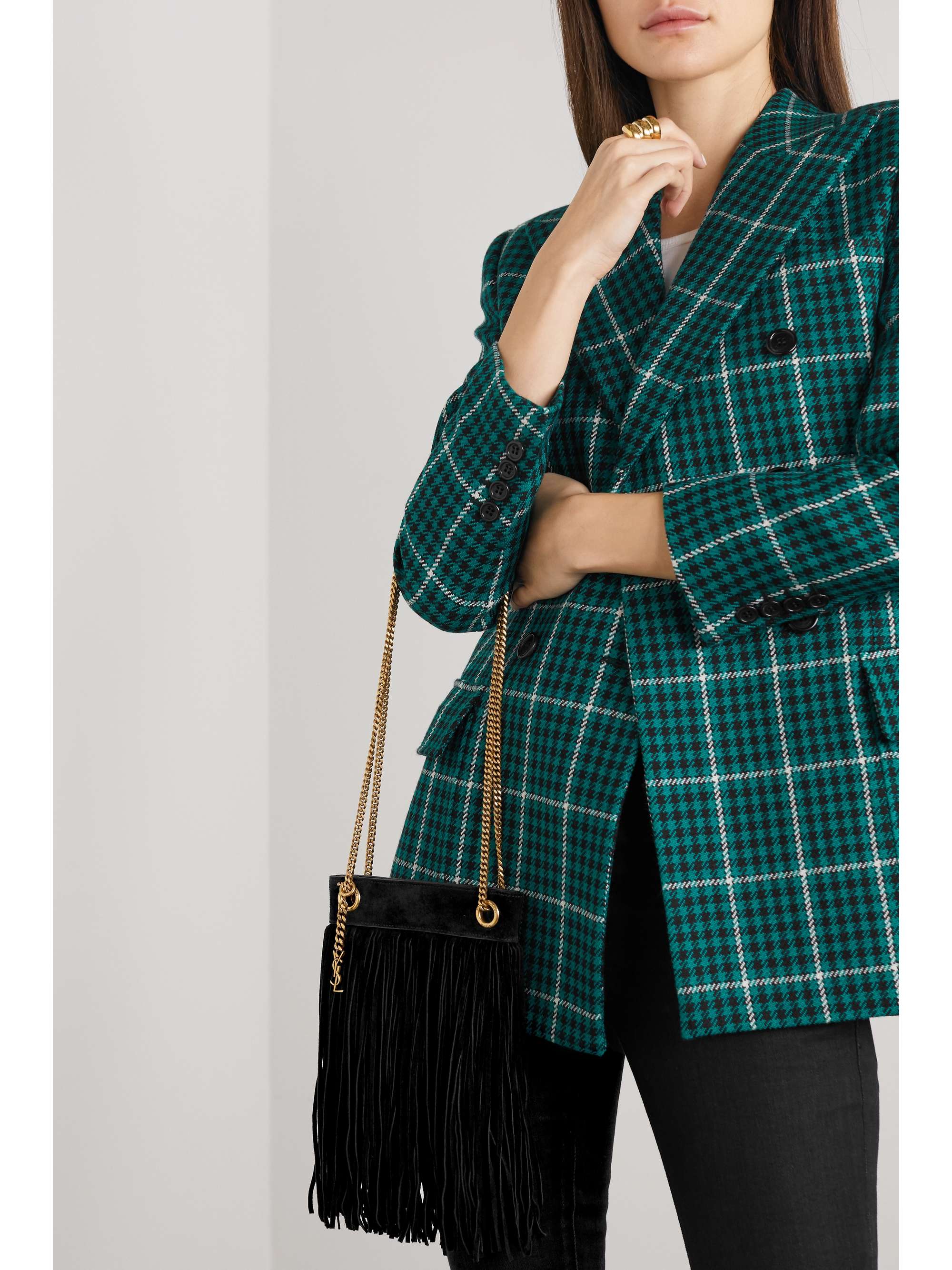 SAINT LAURENT Grace fringed leather-trimmed suede shoulder bag