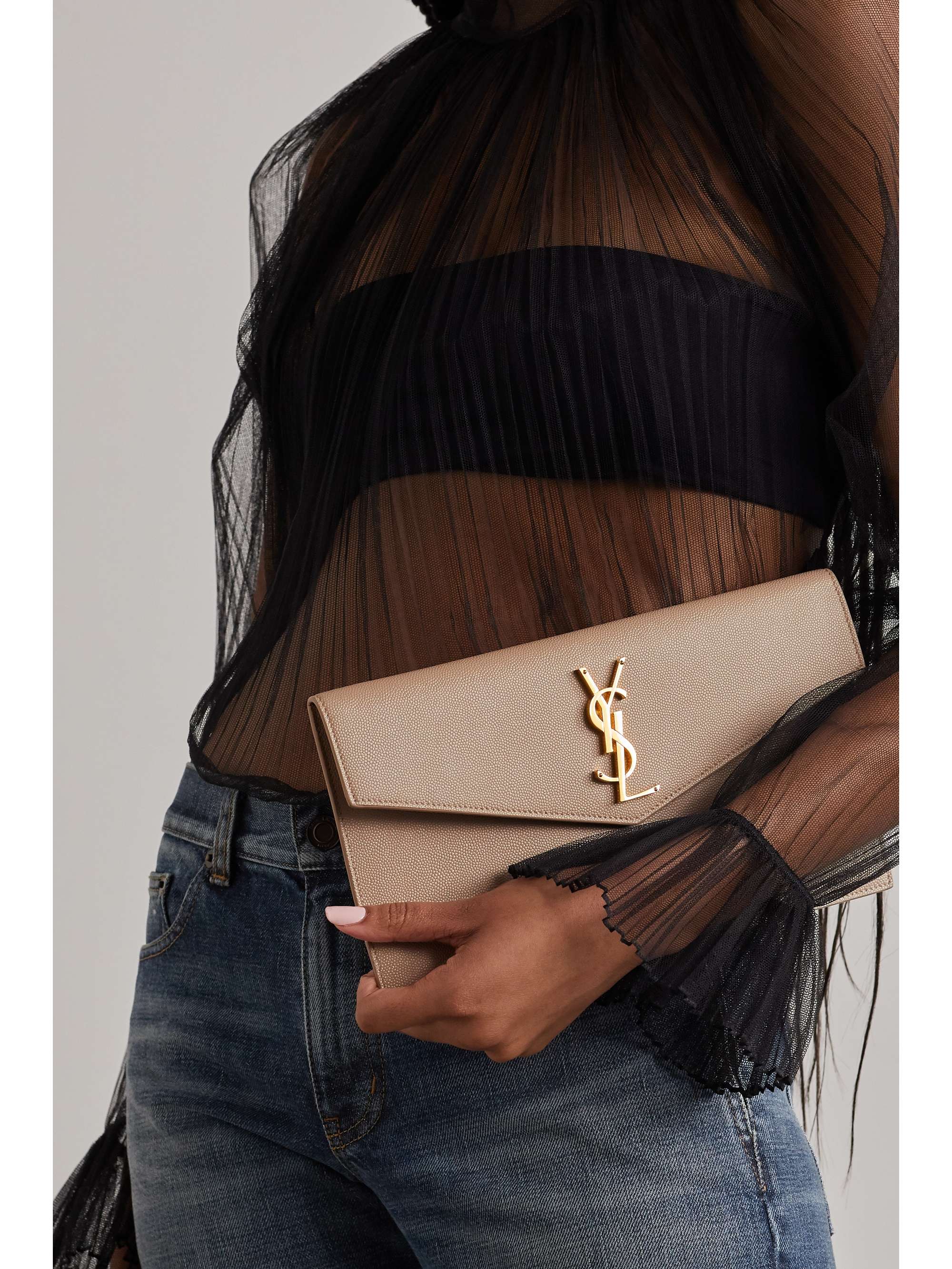 Uptown Leather Clutch in Beige - Saint Laurent