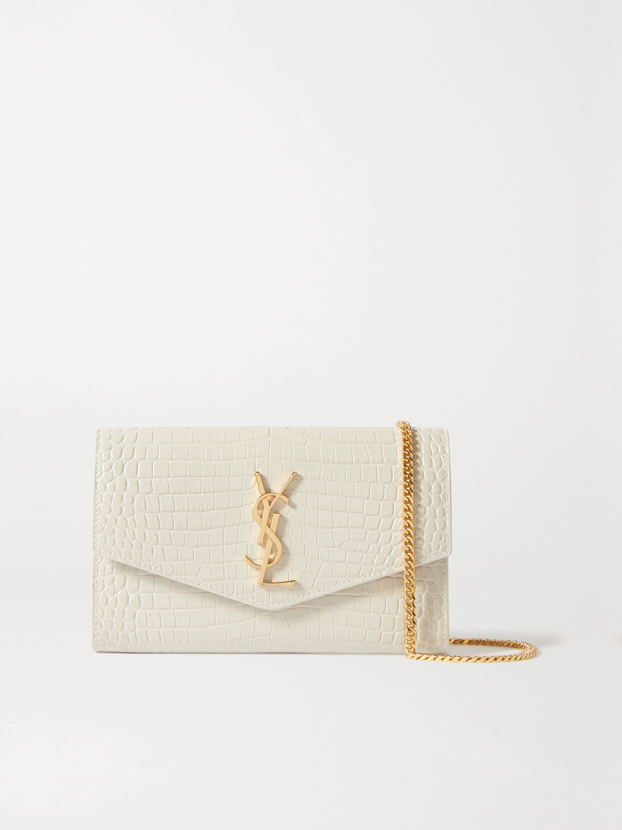 Saint Laurent Uptown Croc-effect Patent-leather Shoulder Bag In Off-white