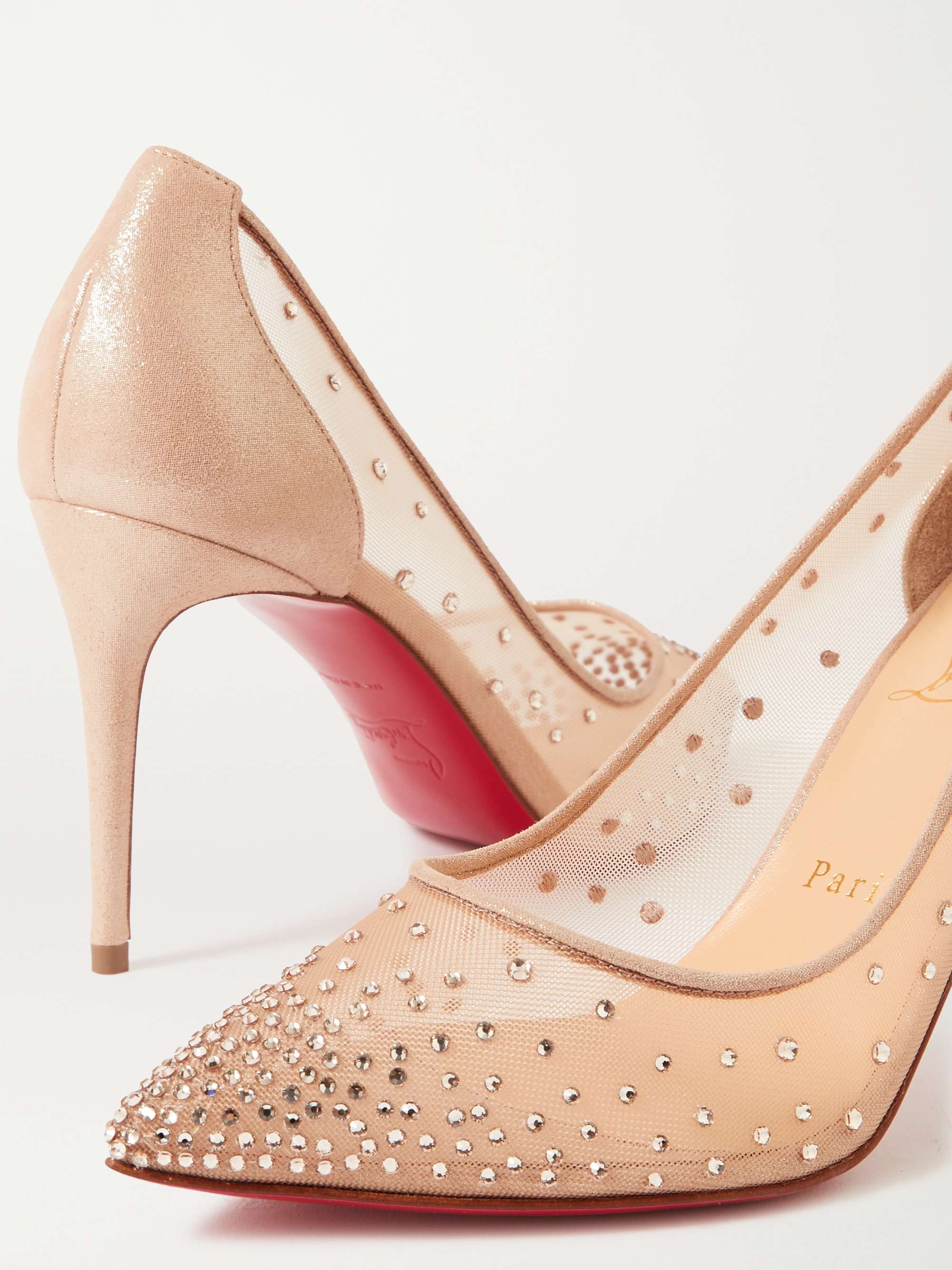 CHRISTIAN LOUBOUTIN Follies 85 Pumps aus Mesh und Leder mit Glitter-Finish und Kristallen