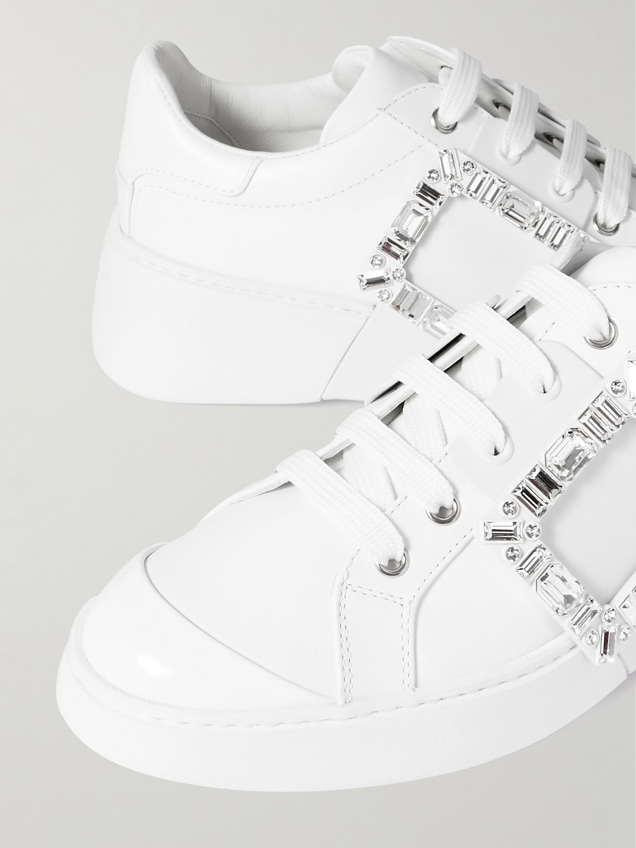 Shop Roger Vivier Viv Skate Crystal-embellished Rubber-trimmed Leather Sneakers In White