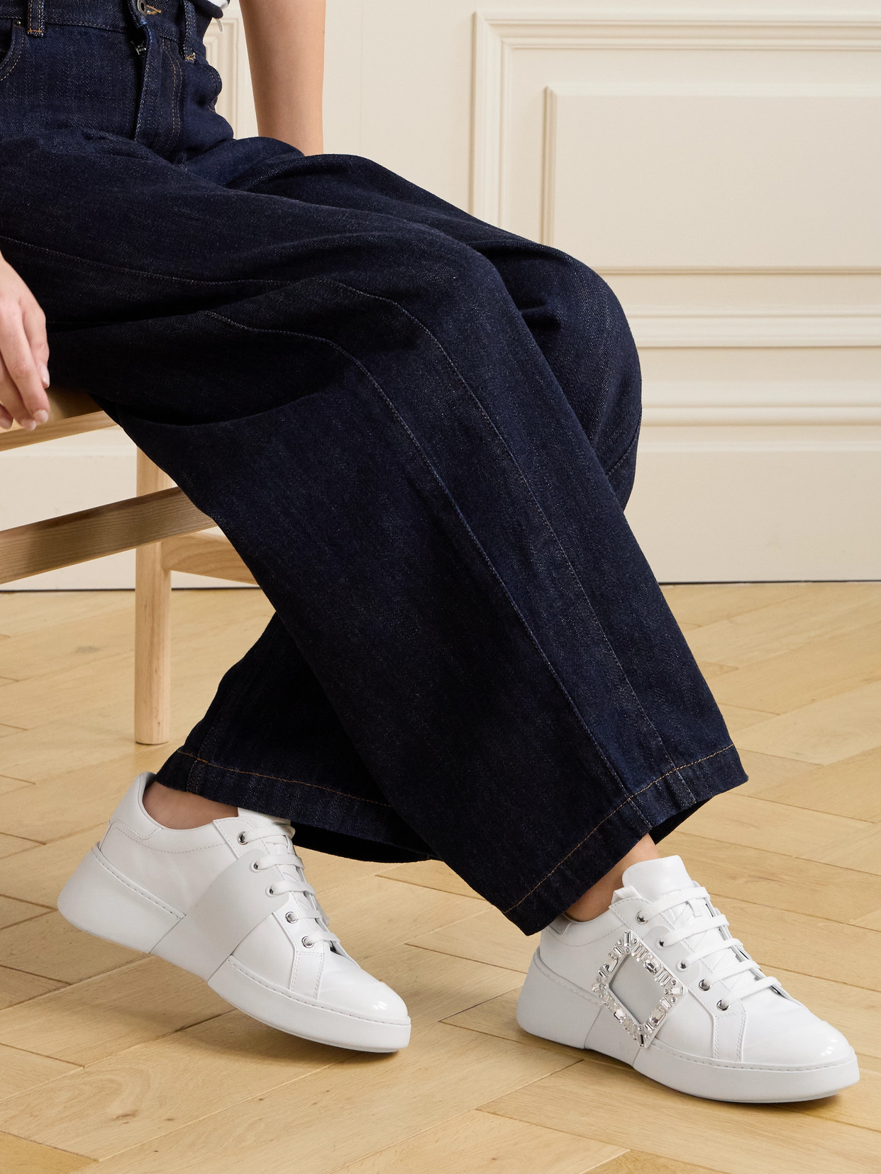 Roger Vivier Viv Skate Crystal-embellished Rubber-trimmed Leather Sneakers In White