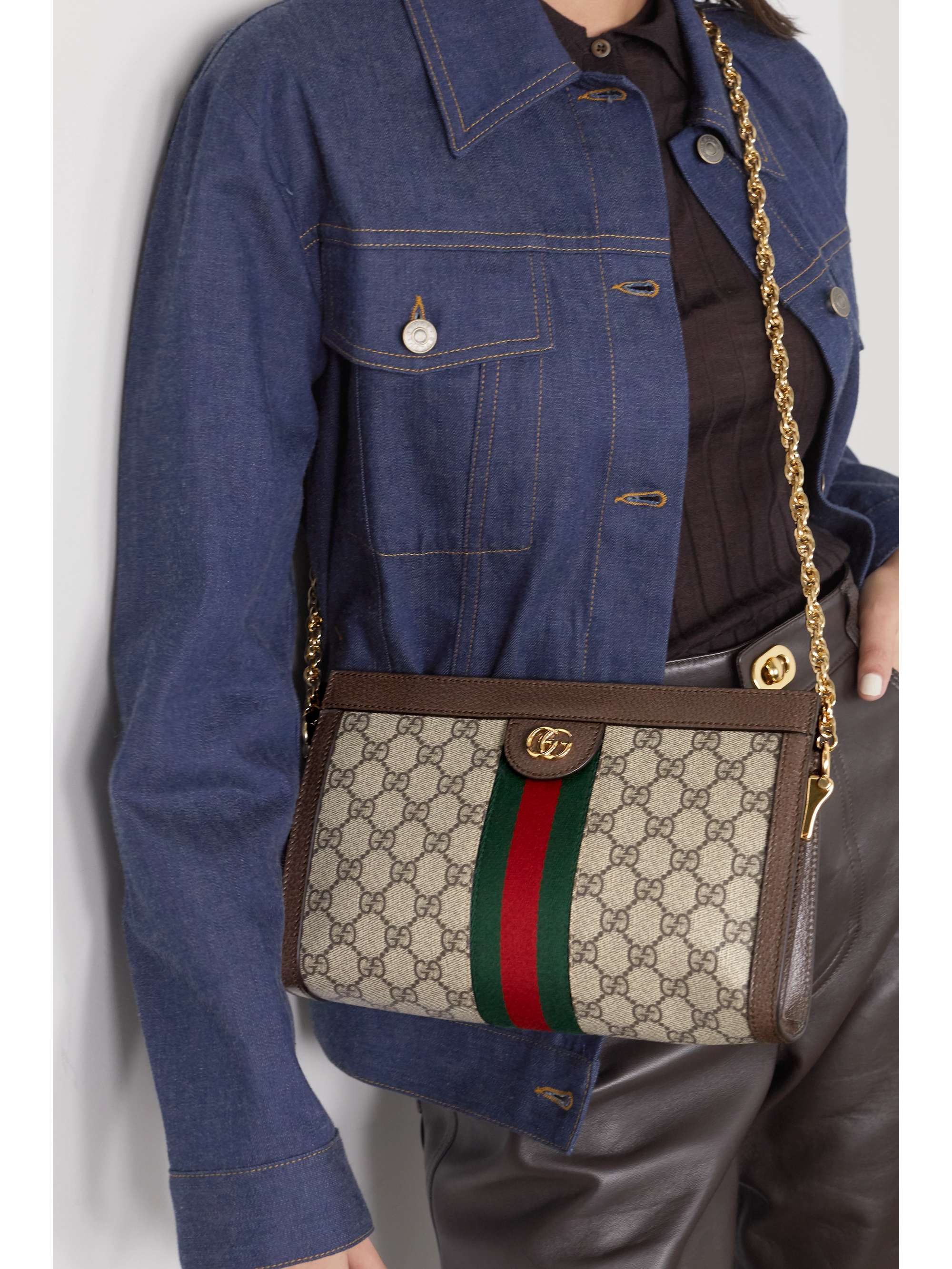 GUCCI Ophidia mini webbing-trimmed textured-leather and printed