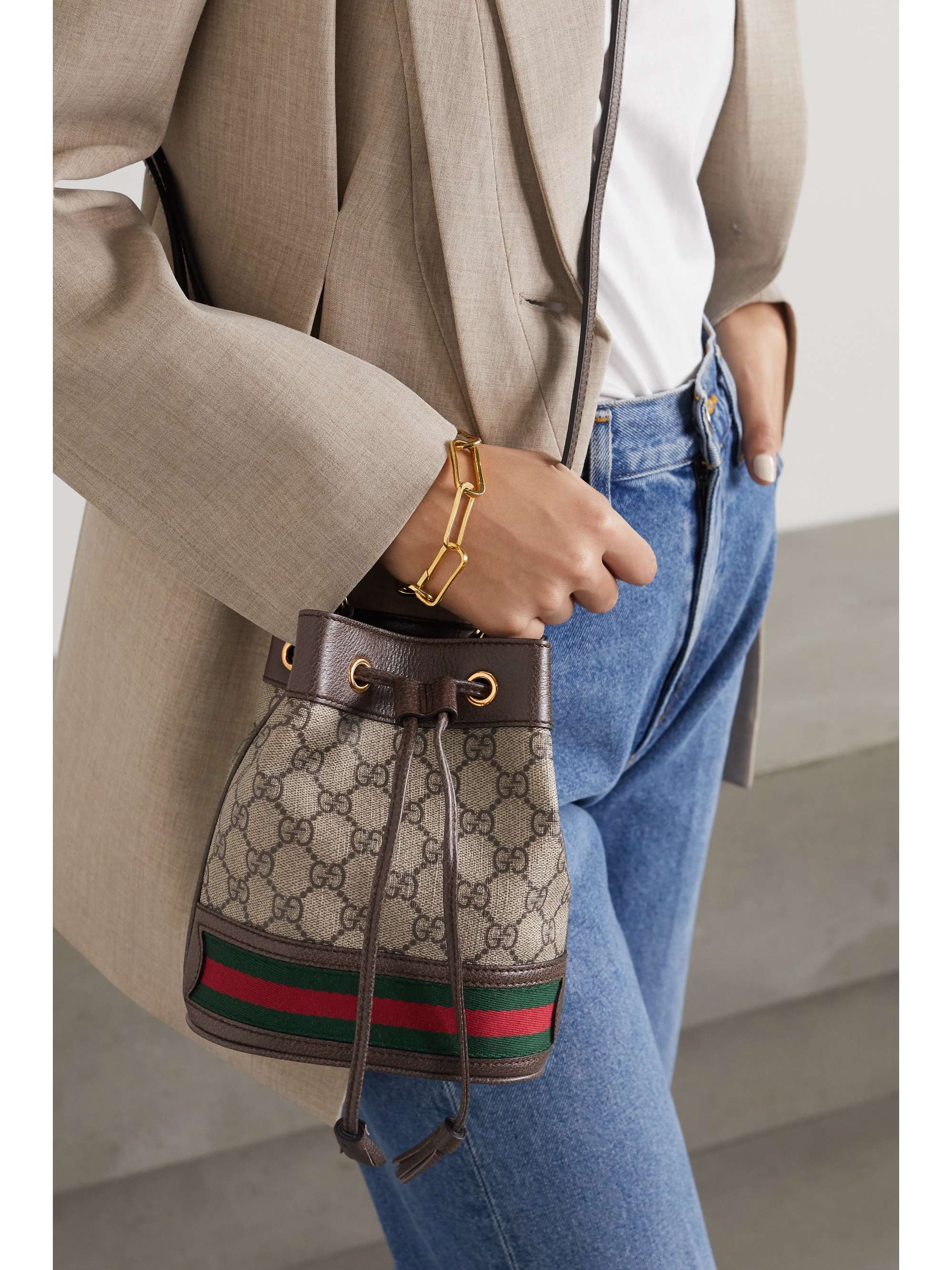 Gucci Ophidia Mini Textured Leather-trimmed Printed Coated-canvas Bucket Bag - Women - Brown Cross-body Bags