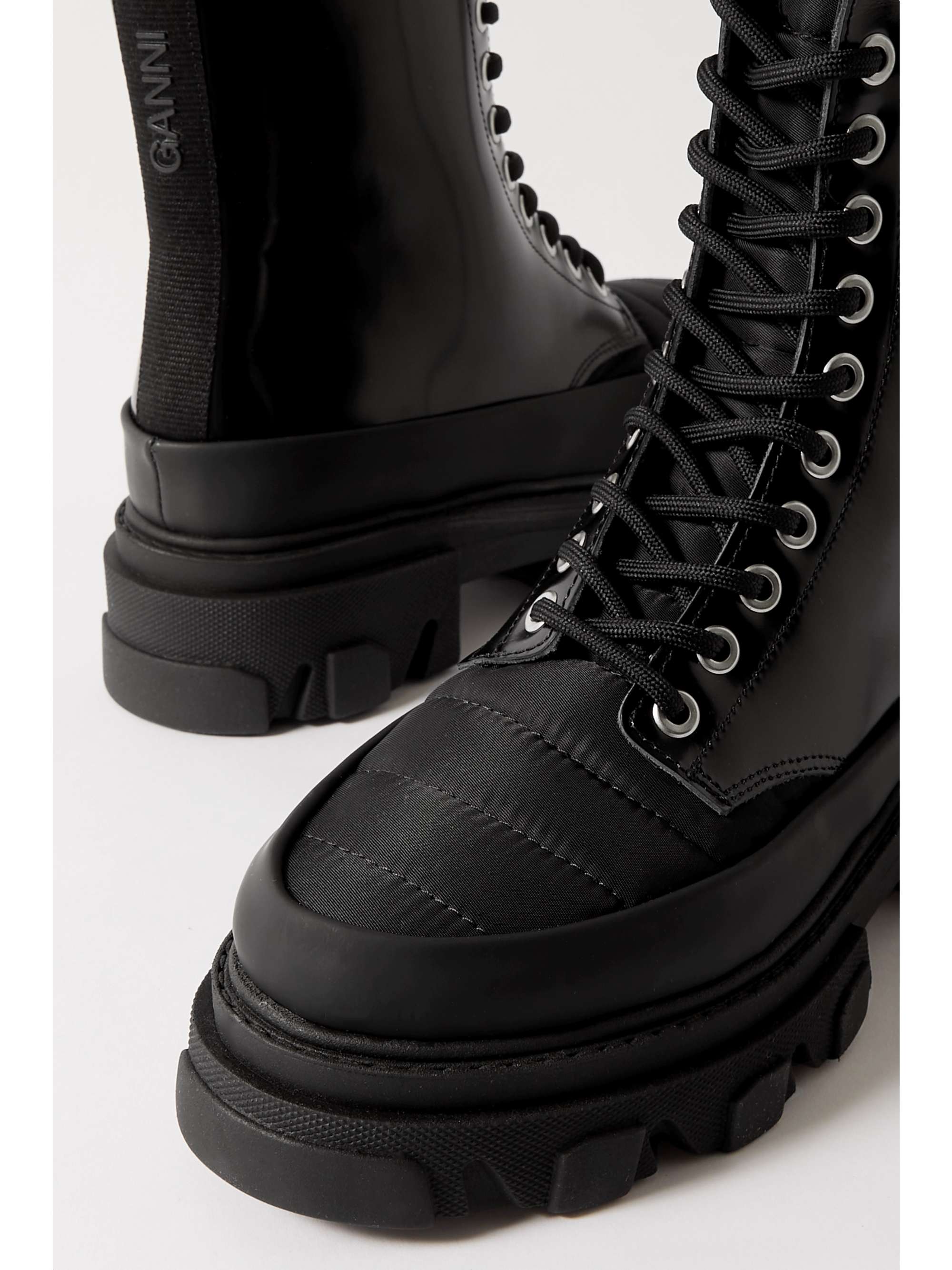 GANNI Shell-trimmed glossed-leather ankle boots