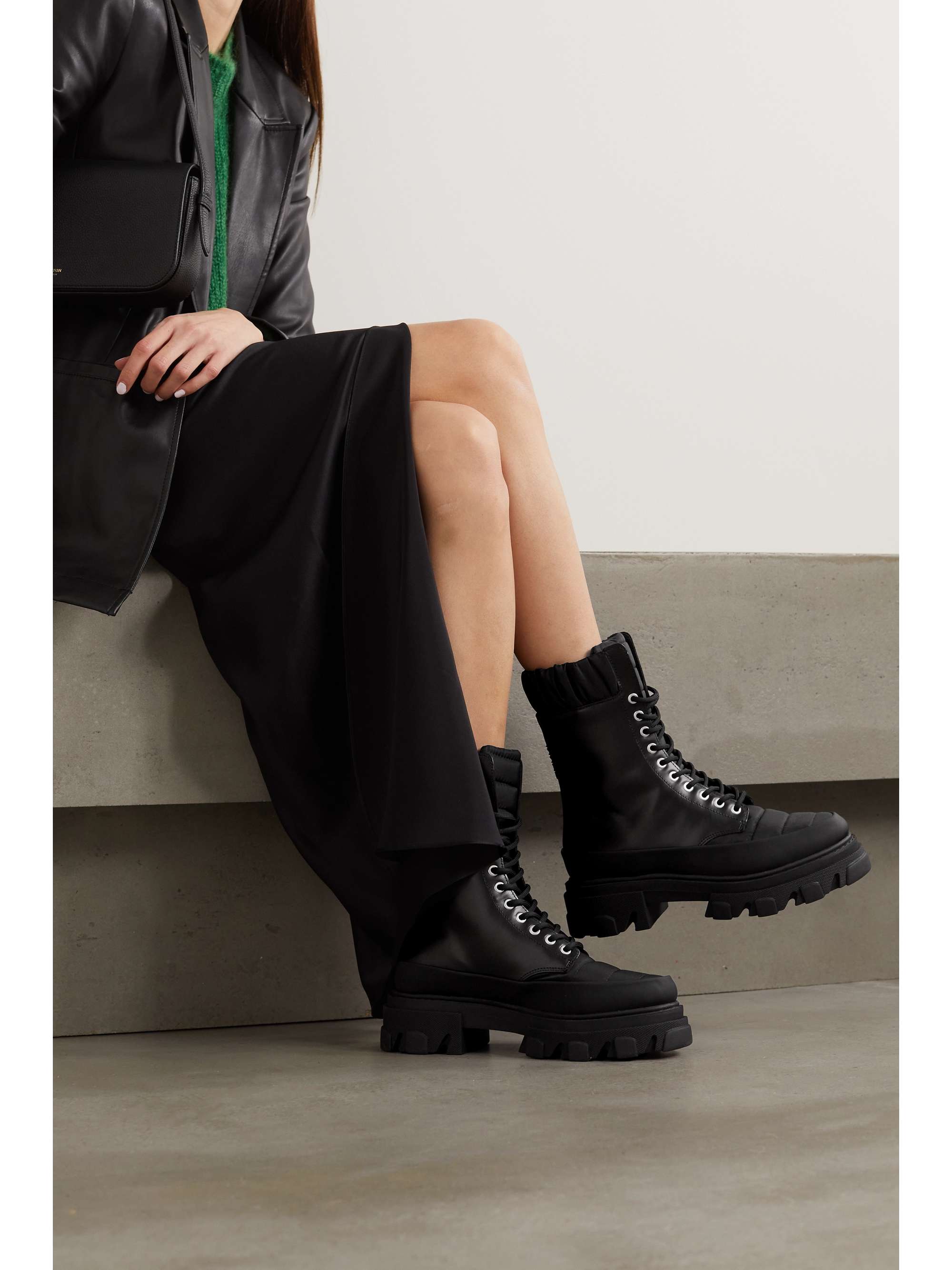 GANNI Shell-trimmed glossed-leather ankle boots