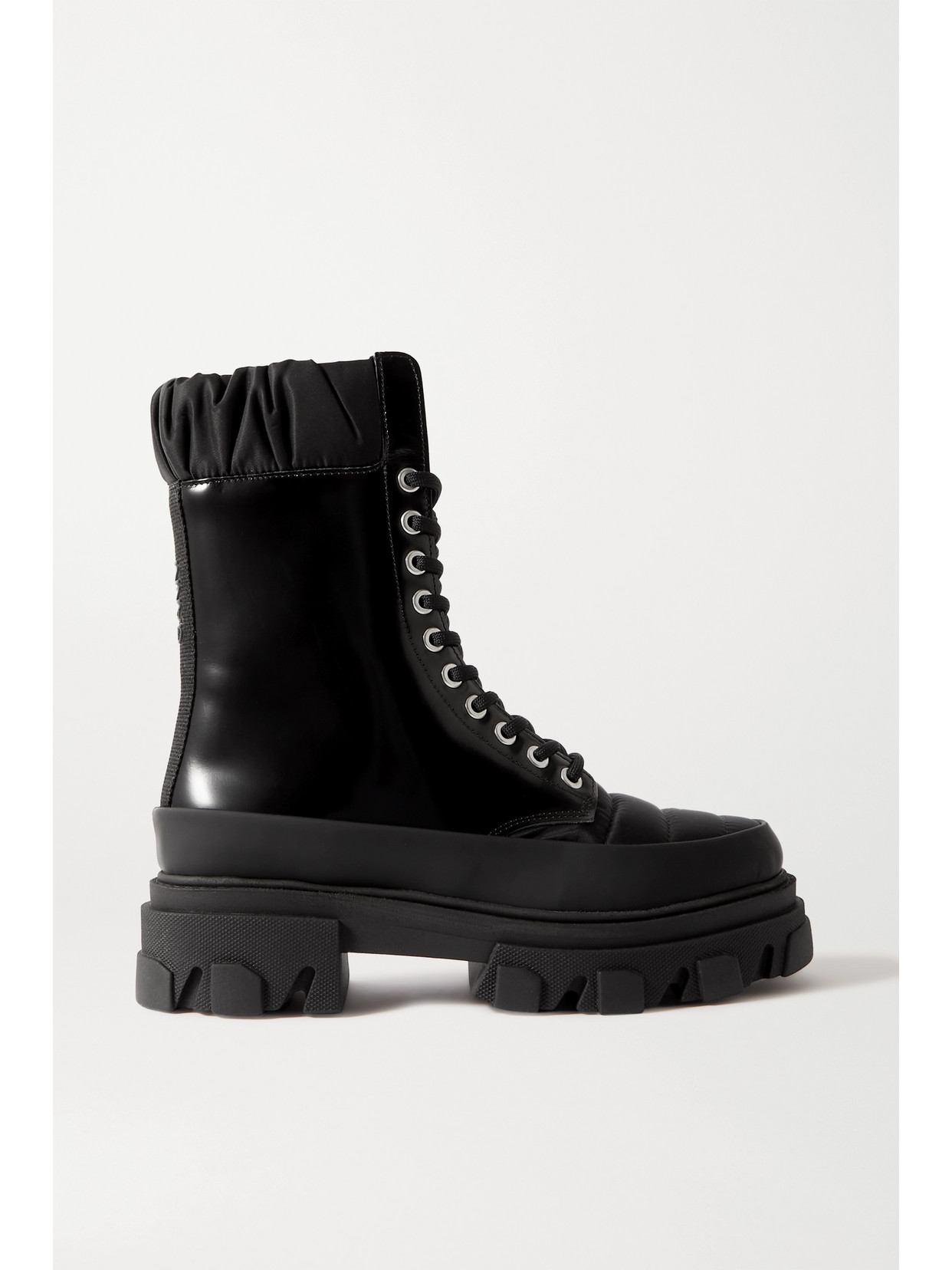 Ganni Shell-trimmed Glossed-leather Ankle Boots In Black