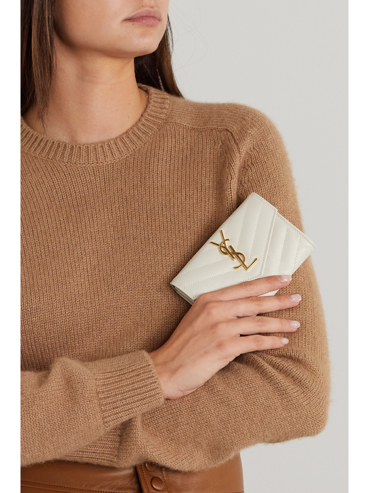 Saint Laurent Monogramme Envelope Quilted Textured-leather Wallet In Off-white