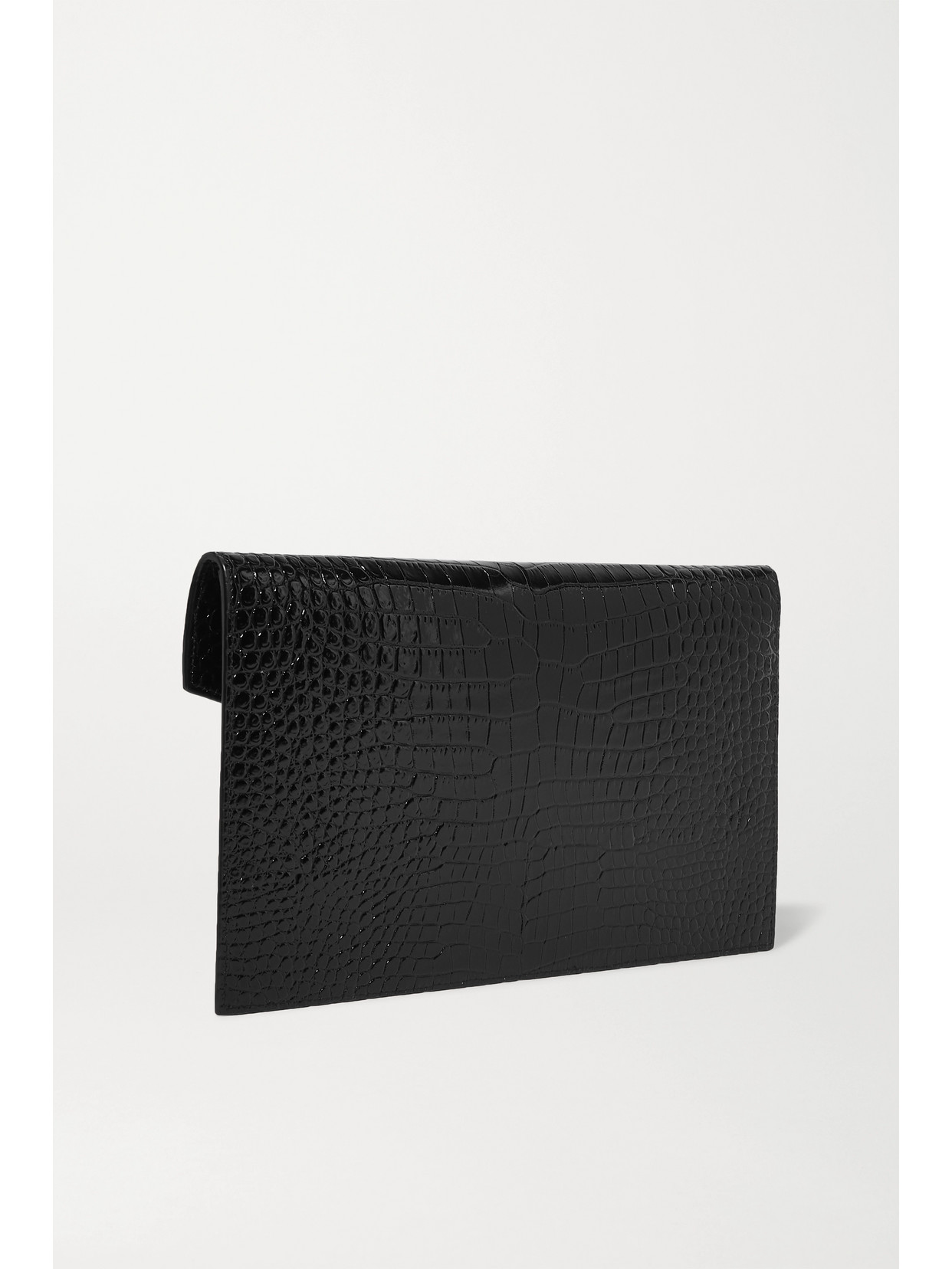 Shop Saint Laurent Uptown Croc-effect Patent-leather Pouch In Black