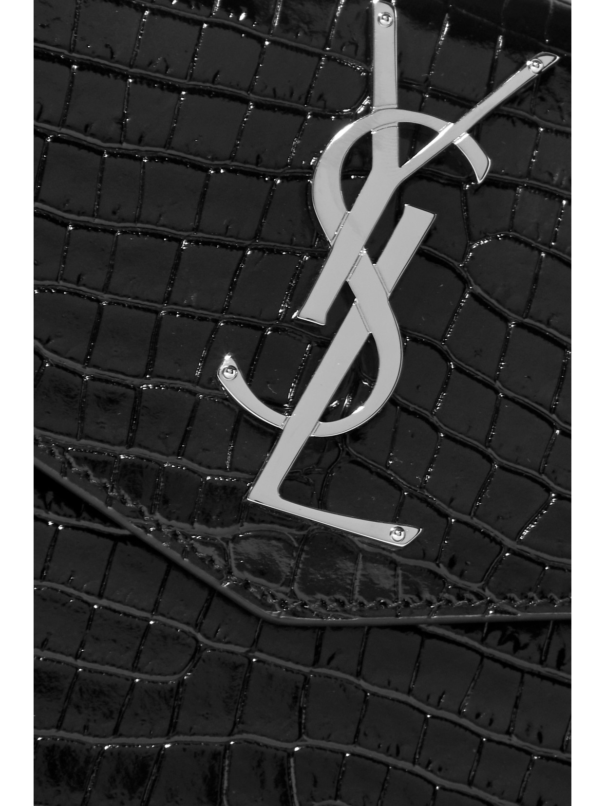 Shop Saint Laurent Uptown Croc-effect Patent-leather Pouch In Black