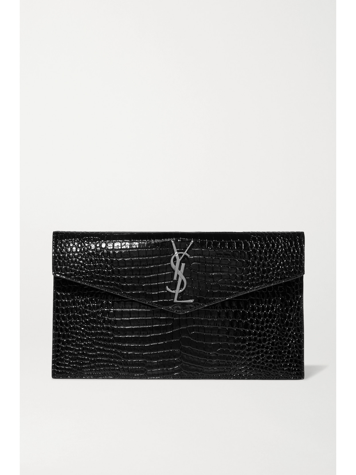 Saint Laurent Uptown Croc-effect Patent-leather Pouch In Black