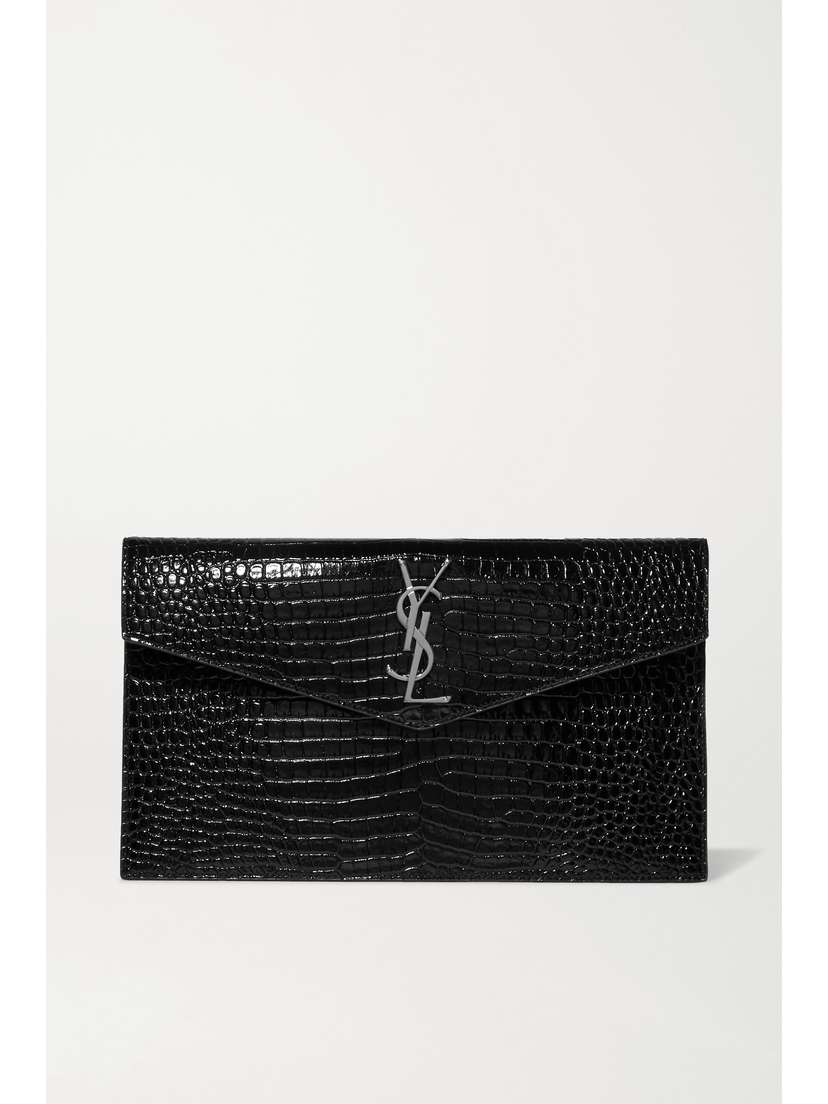 Saint Laurent Uptown Croc-effect Patent-leather Pouch
