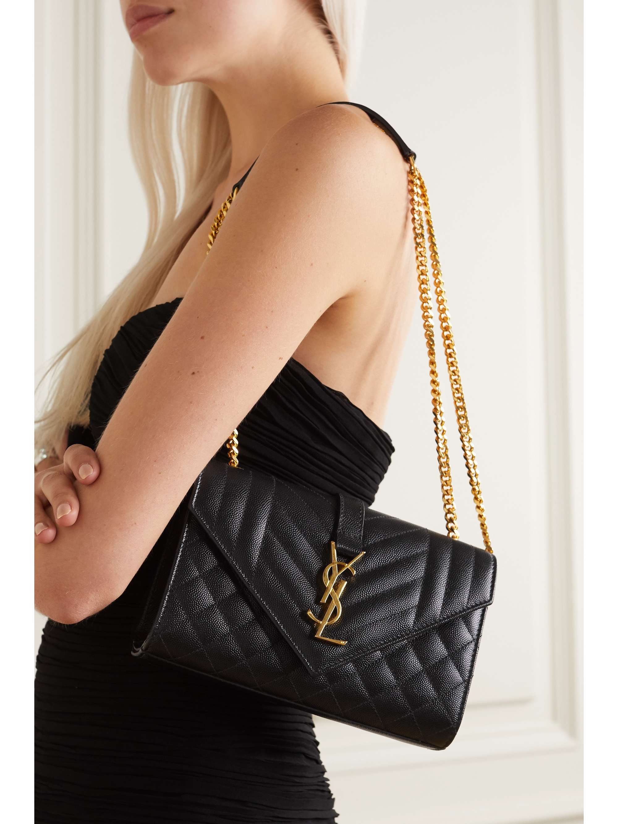 YSL SAINT LAURENT ENVELOPE SMALL BAG IN MIX MATELASSÉ LEATHER CROSSBODY  BLACK