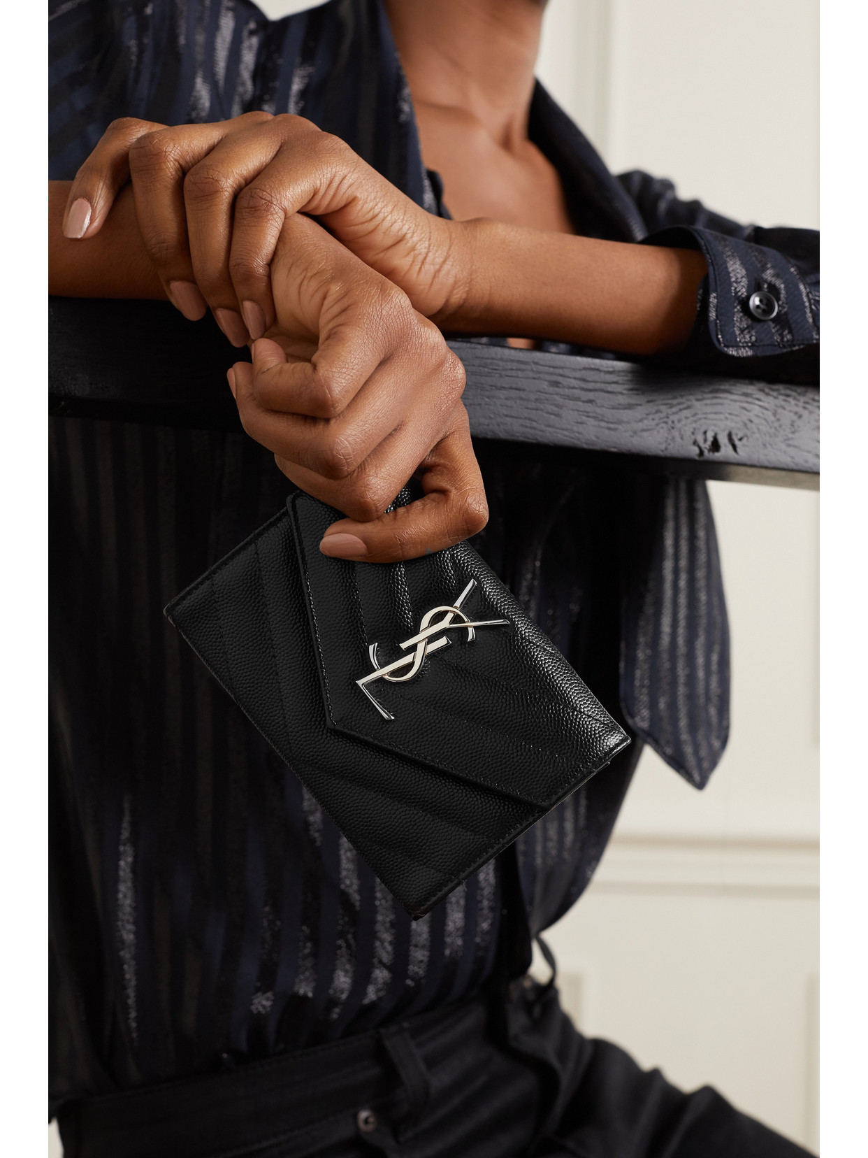 Shop Saint Laurent Monogramme Envelope Quilted Textured-leather Wallet In Black