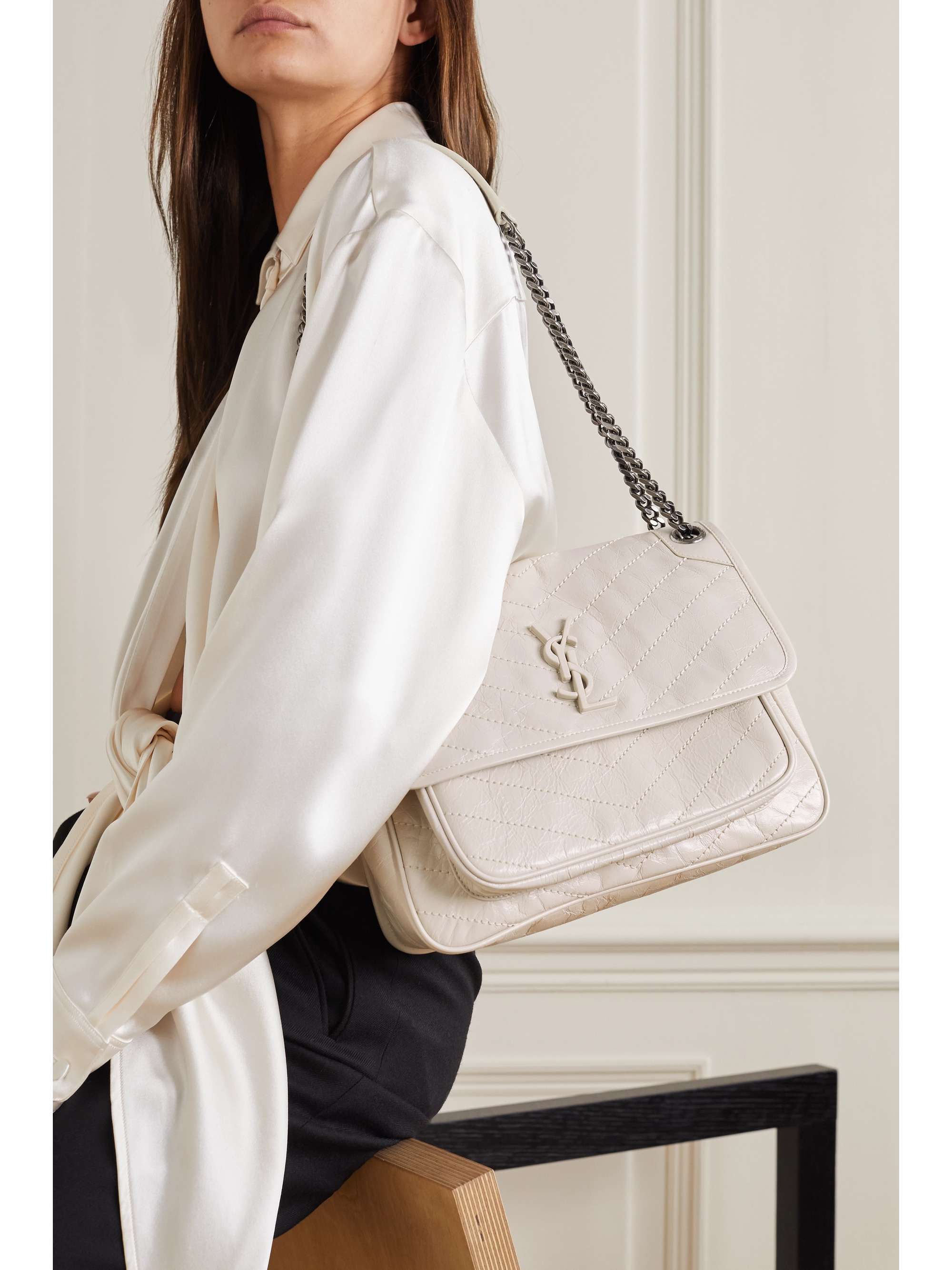 SAINT LAURENT Niki medium quilted crinkled glossedleather shoulder bag