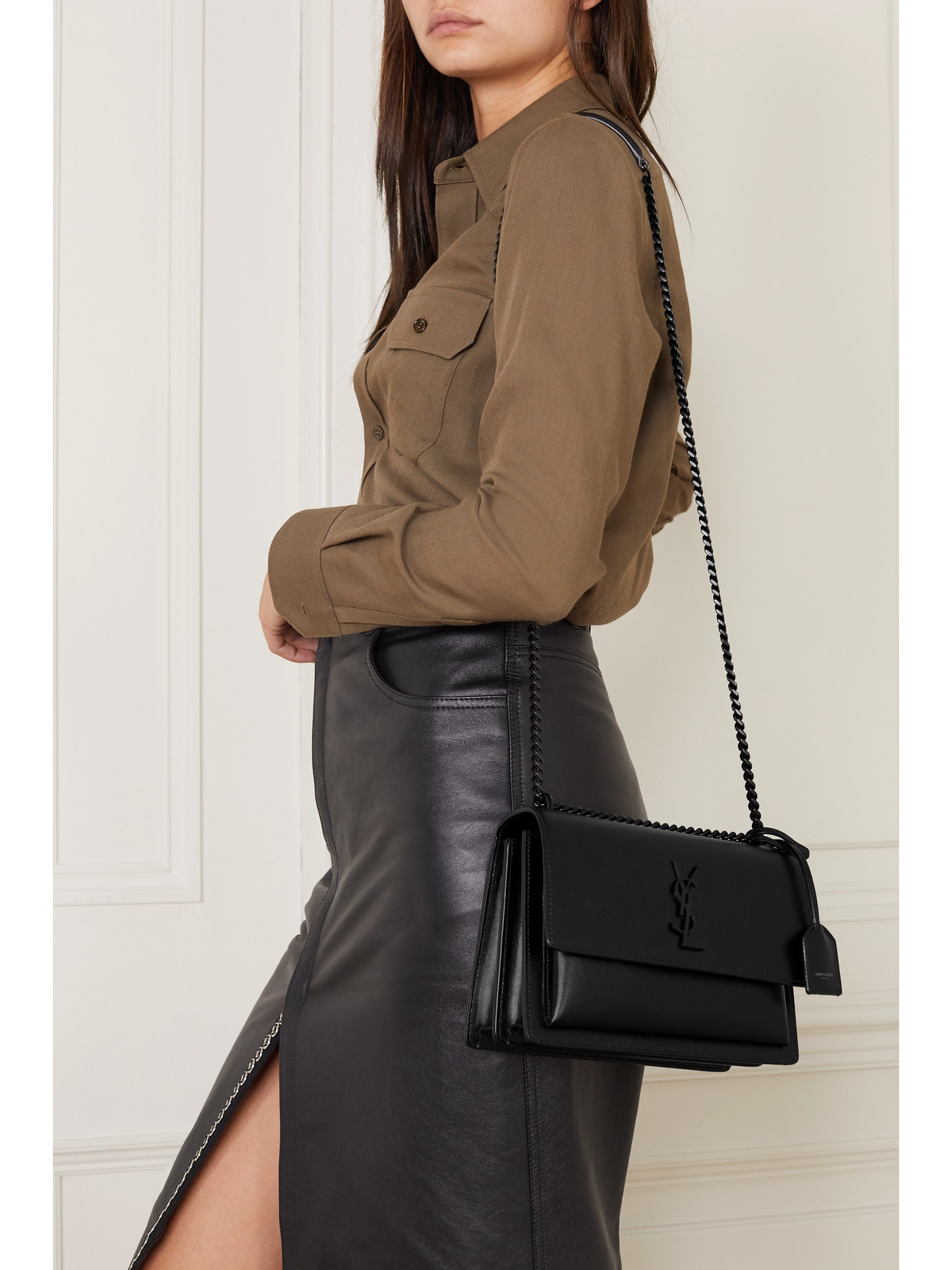 saint laurent black sunset leather shoulder bolsa