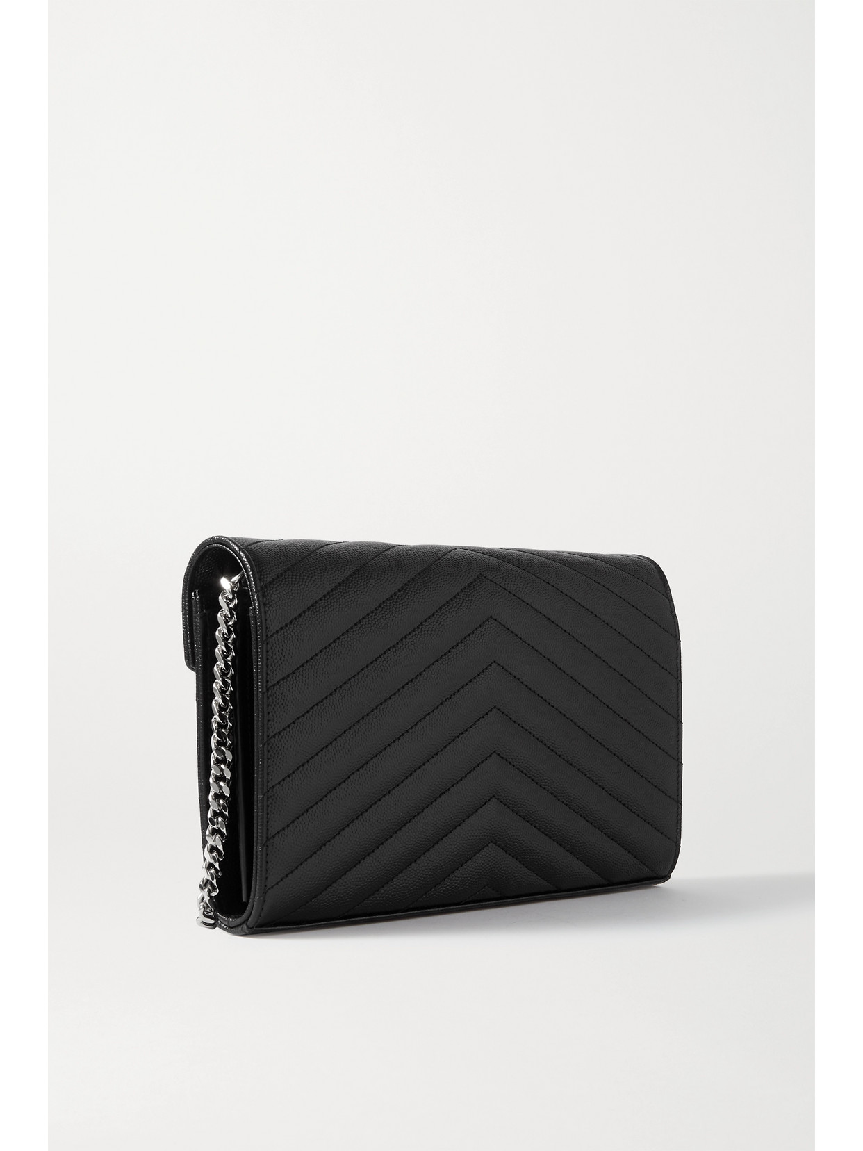 Shop Saint Laurent Cassandre Chain Matelassé Textured-leather Wallet In Black