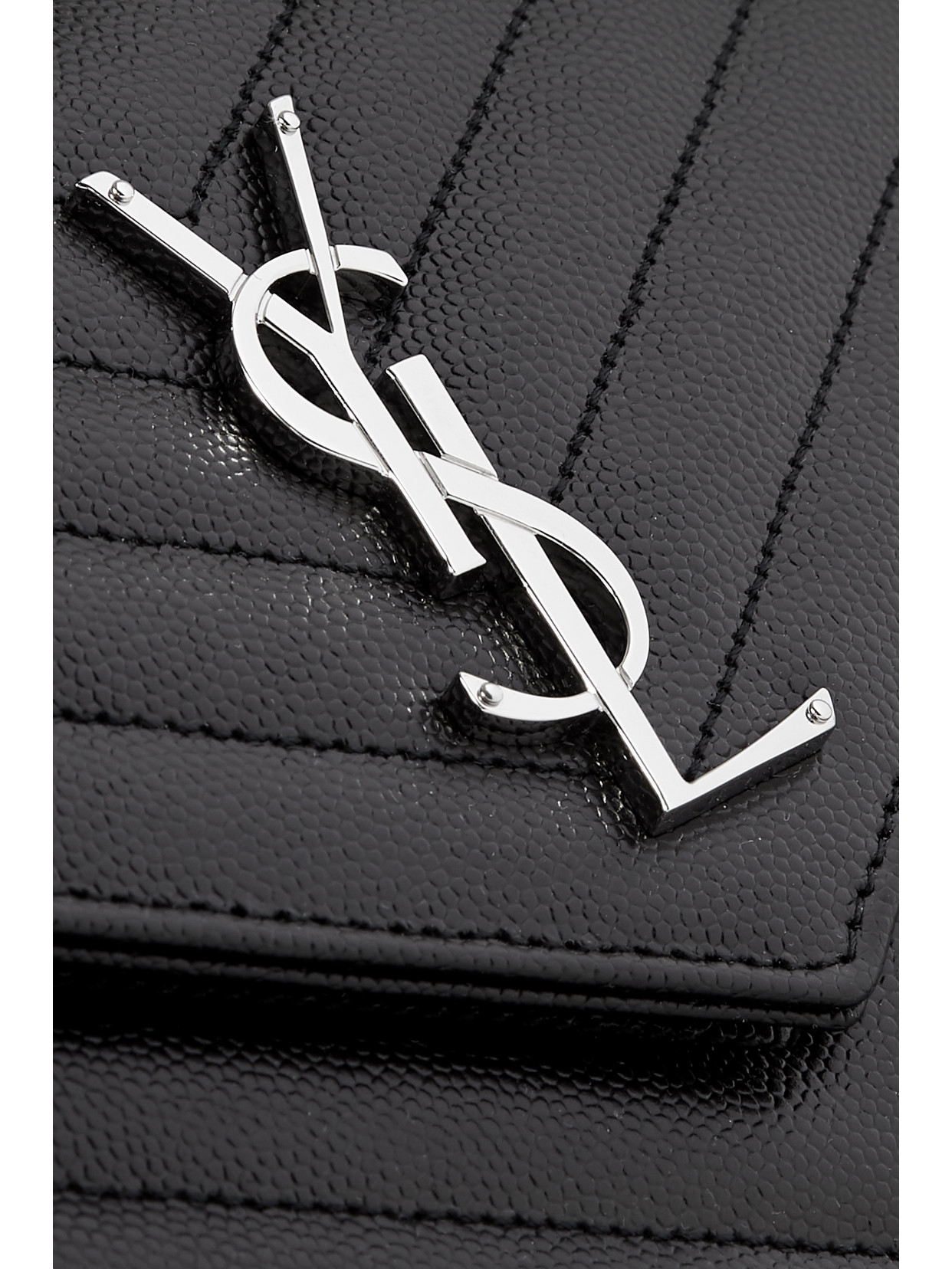 Shop Saint Laurent Cassandre Chain Matelassé Textured-leather Wallet In Black