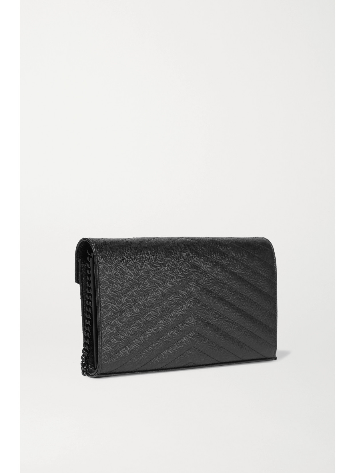 Shop Saint Laurent Cassandre Chain Matelassé Textured-leather Wallet In Black