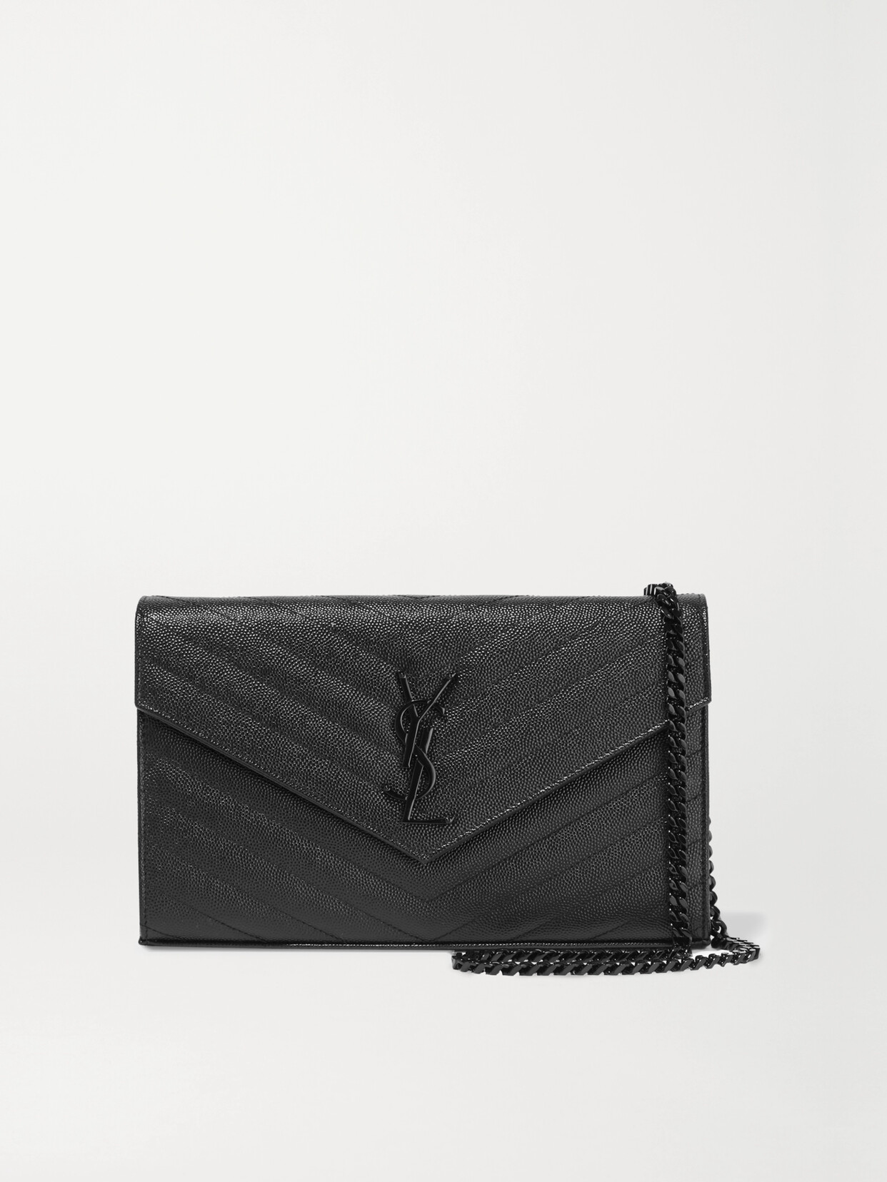 Shop Saint Laurent Cassandre Chain Matelassé Textured-leather Wallet In Black