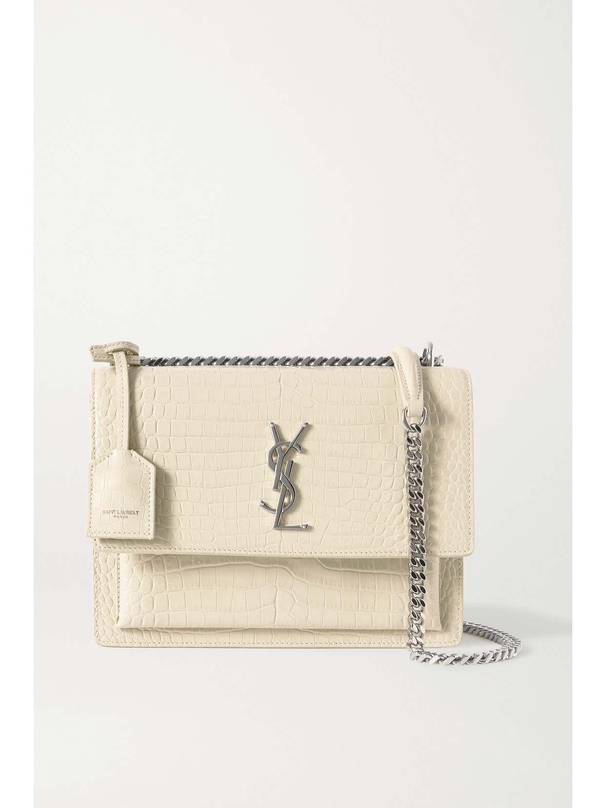 Saint Laurent Sunset Medium Croc-effect Leather Shoulder Bag In White