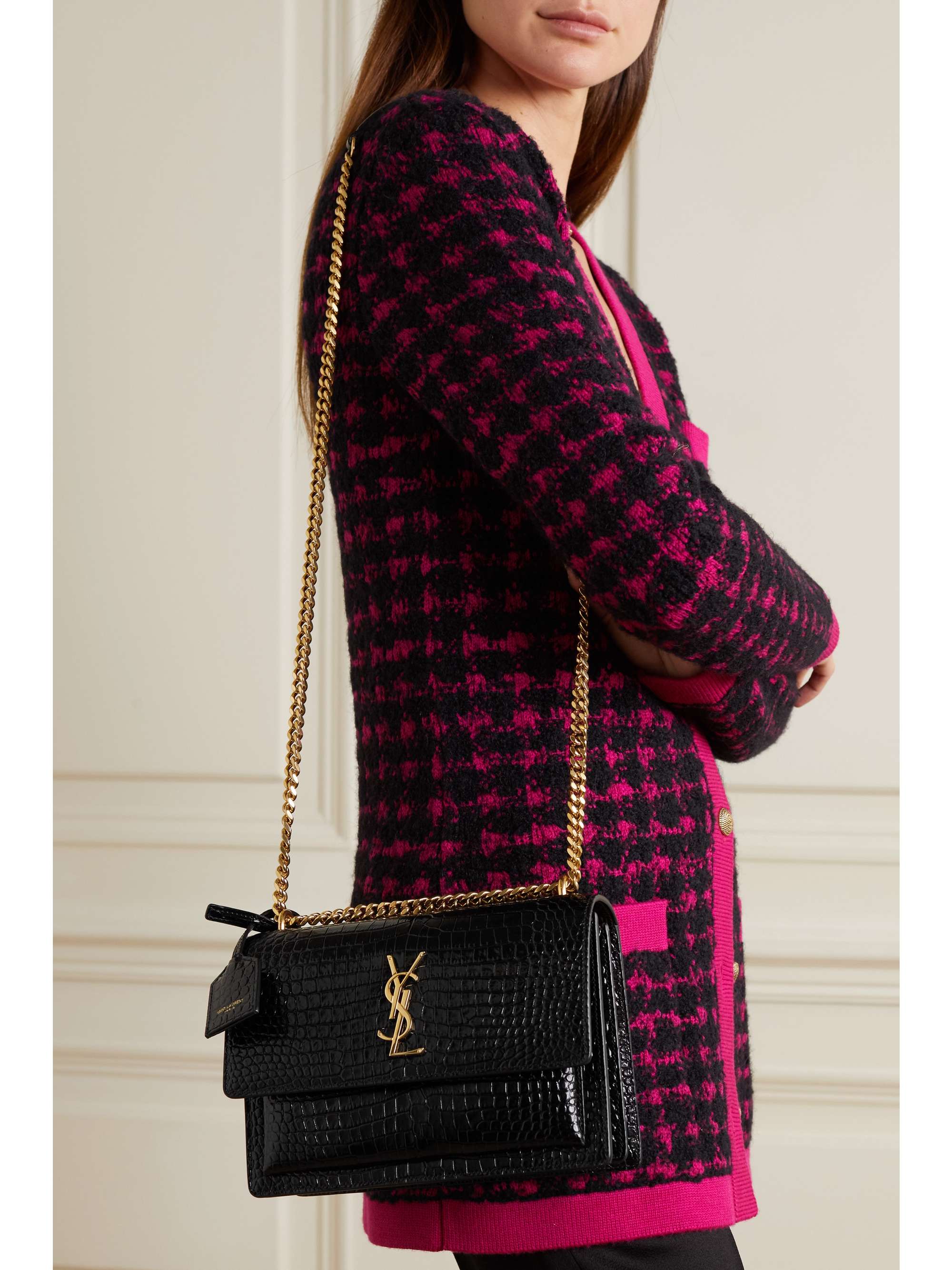 SAINT LAURENT Sunset small croc-effect patent-leather shoulder bag |  NET-A-PORTER