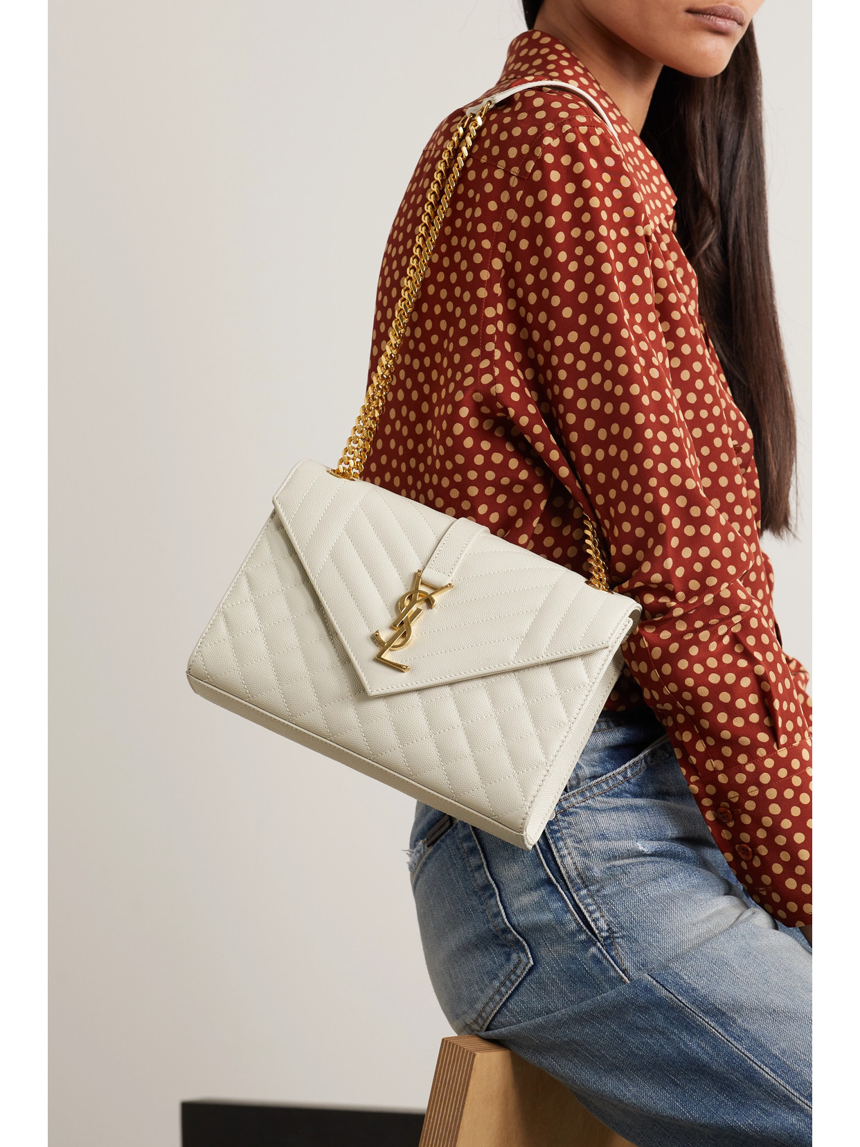 Shop Saint Laurent Envelope Medium Quilted Textured-leather Shoulder Bag In White